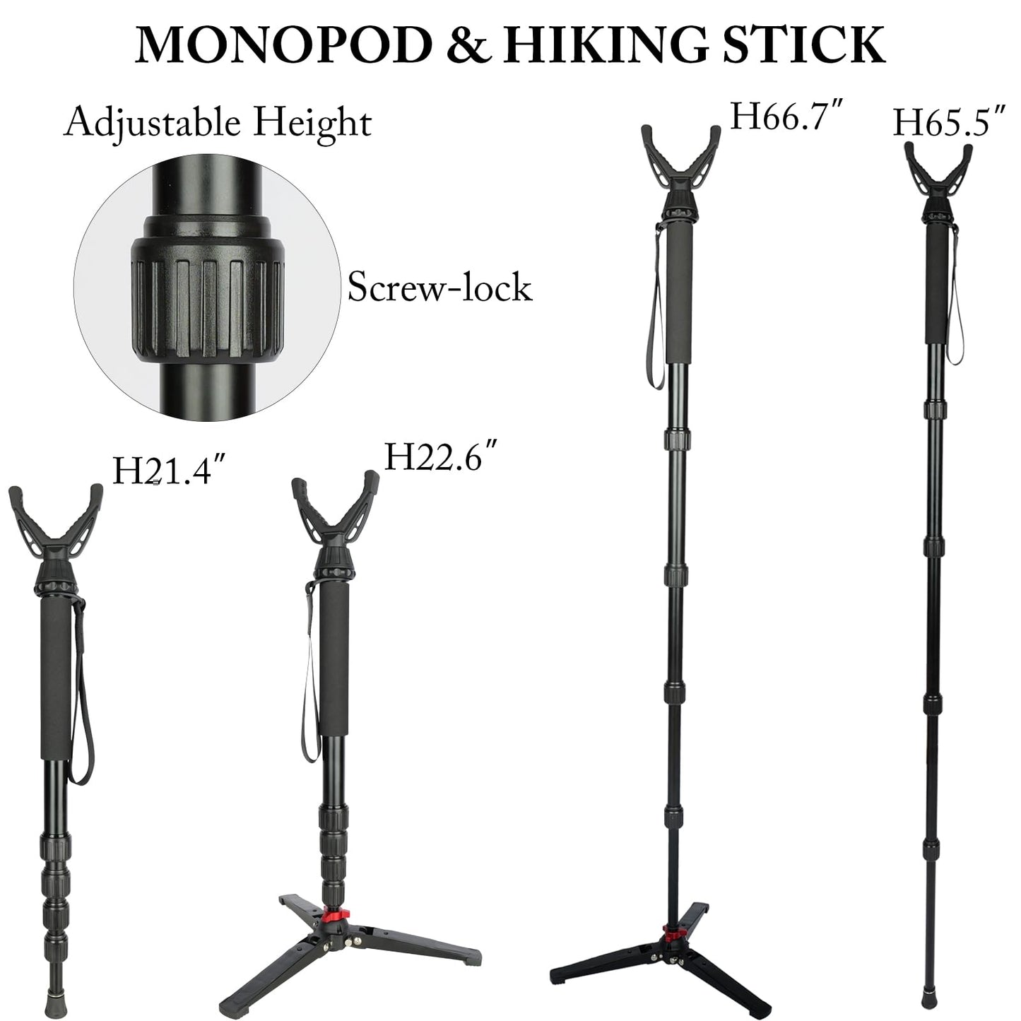 360° Rotating Shooting Sticks Convertible Monopod Shooting Tripod for Rifles Adjustable Height with Removable V-Yoke & Non-Slip Pad & Screw-Locks for Hunting Outdoor