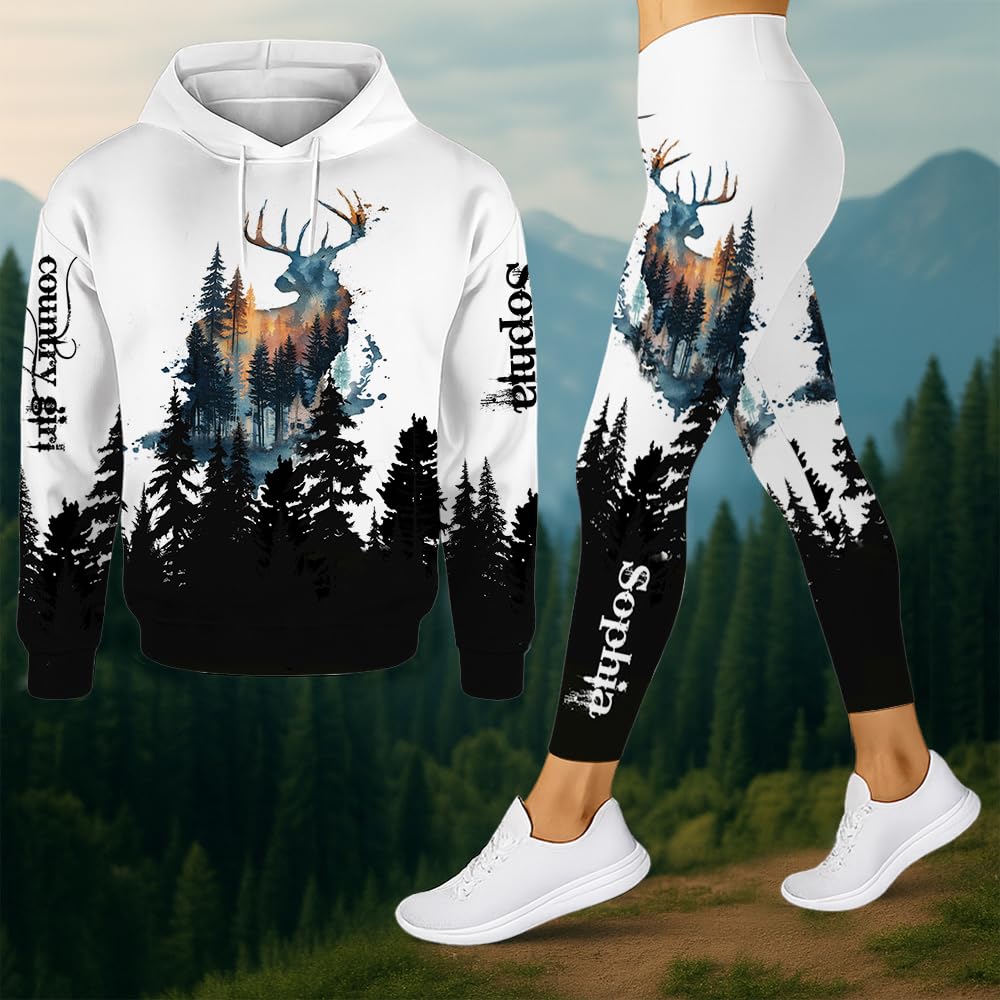 TeeHakie Personalized Deer Hunting Hoodie and Leggings Set – Country Girl Custom Name 3D Sweatshirt and Pants Outfit for Women (US, Alpha, Small, 5X-Large, Regular, Regular, Hunting Art)