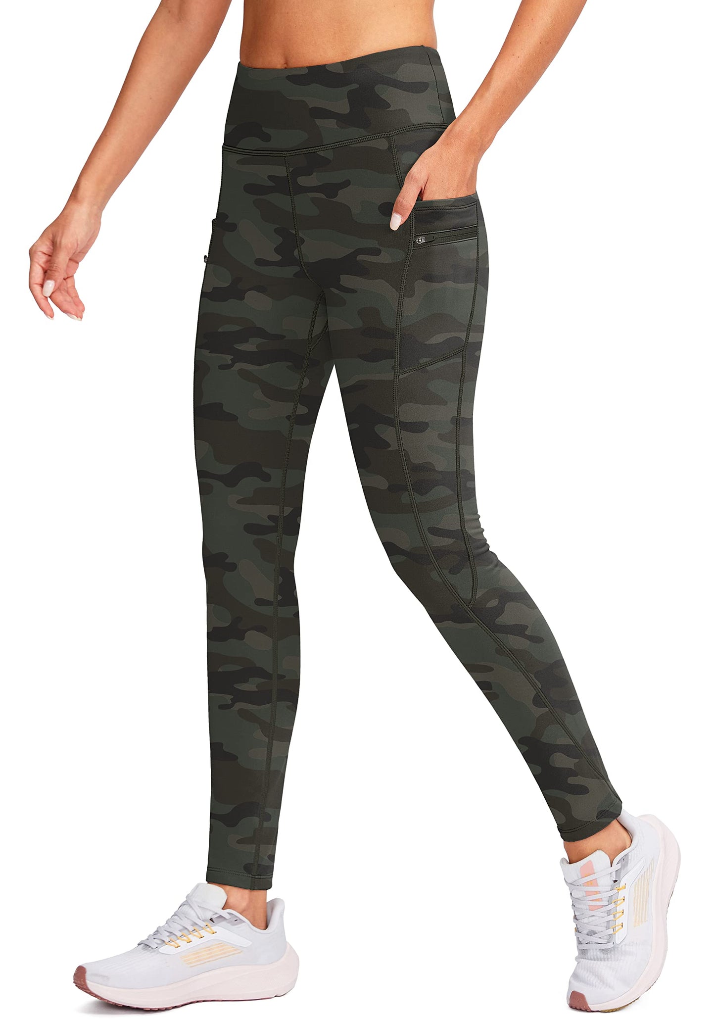 G Gradual Women's Fleece Lined Winter Leggings with Pockets Water Resistant High Waisted Thermal Warm Pants Running Hiking(Green_camo,M)