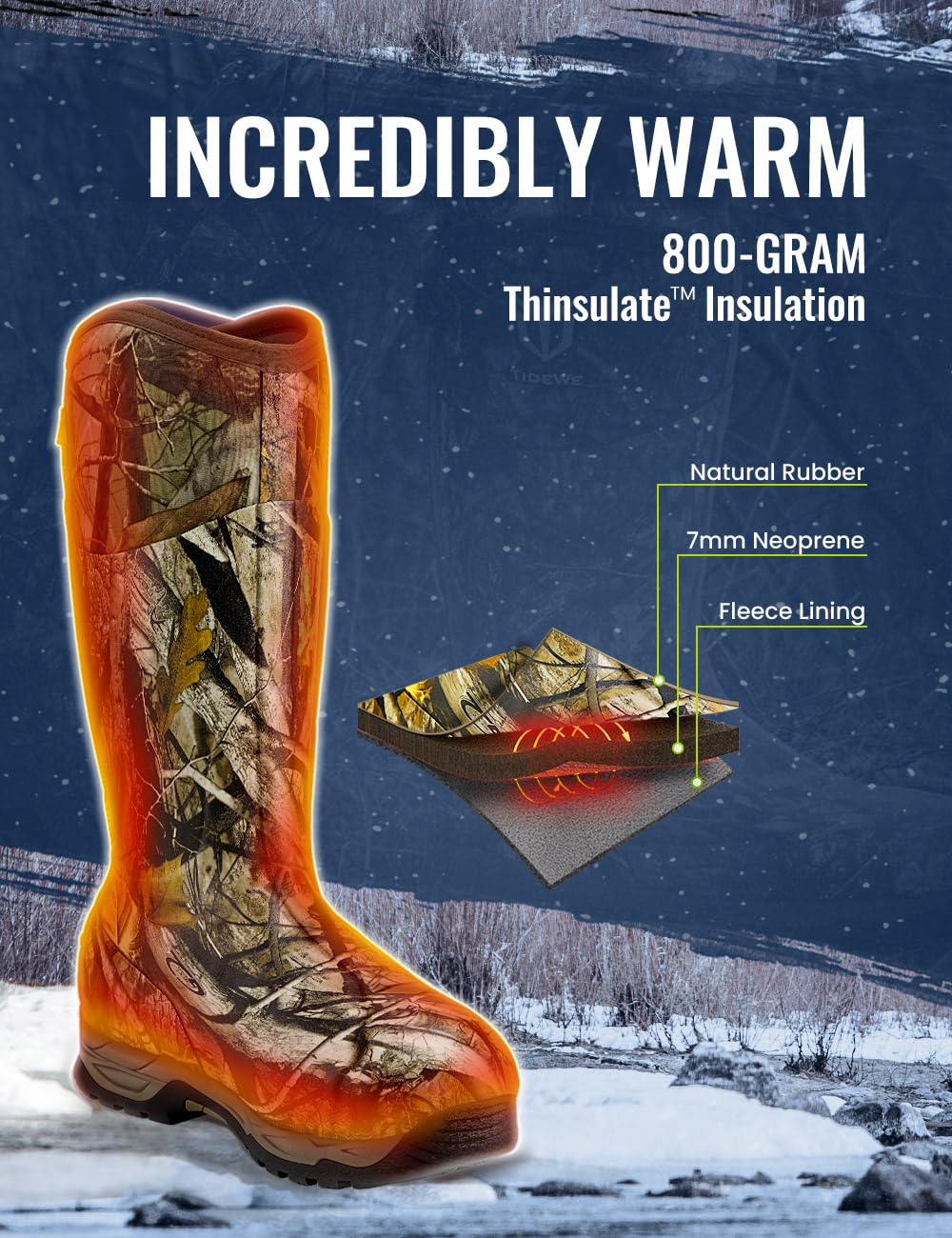 TIDEWE Rubber Hunting Boots with 800g Insulation, Waterproof Insulated Next Camo G2 Warm Rubber Boots with 7mm Neoprene, Sturdy Outdoor Hunting Boots for Men (Size 10)