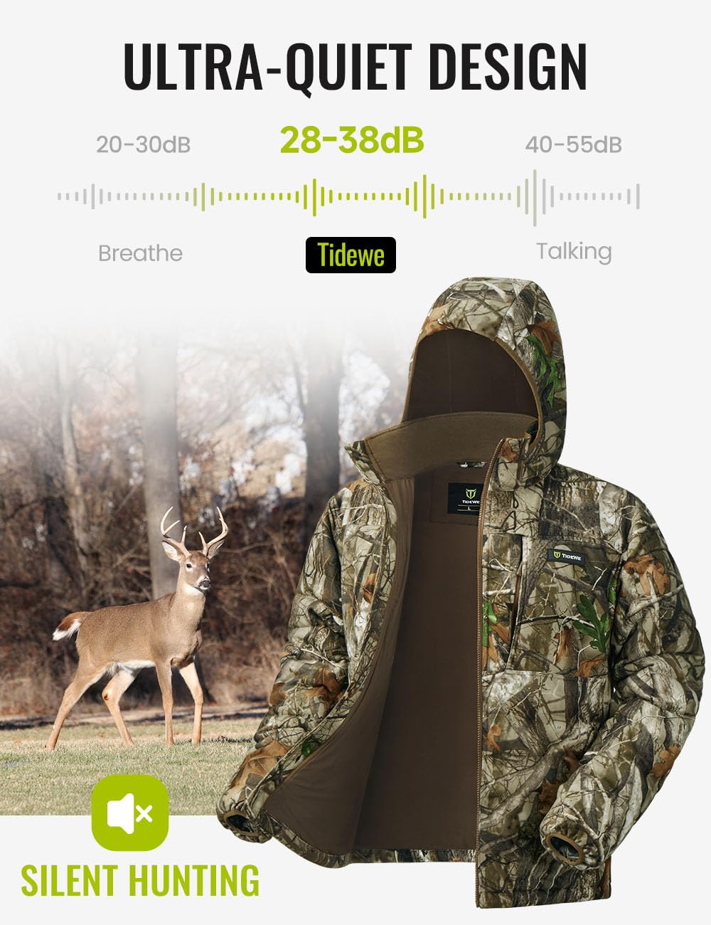 TIDEWE Hunting Jackets for Men, Silent Hunting Coat with 220G Insulation, Deer Hunting Clothes, Next Camo G2, L