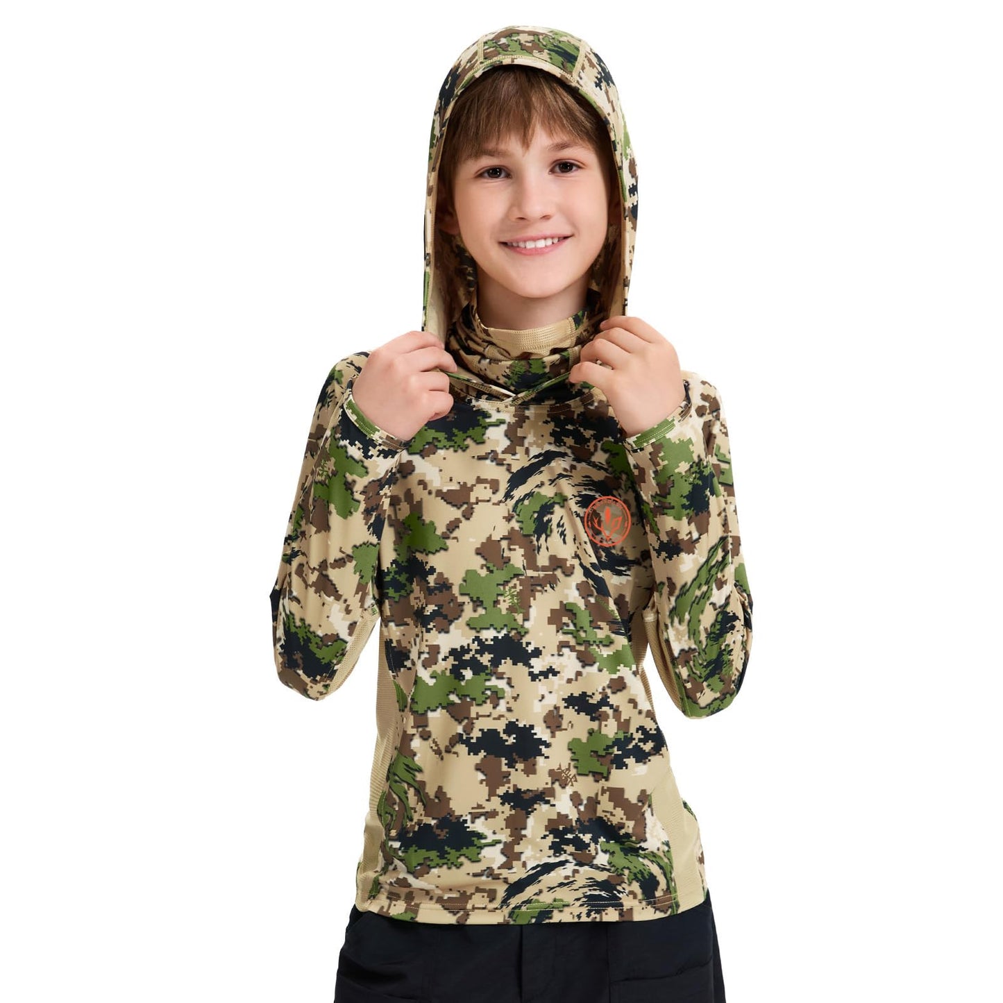 BASSDASH Youth UPF 50+ Camo Hunting Hoodie Shirt with Neck Gaiter Quick Dry Long Sleeve Hooded Tee for Fishing Hiking FS02Y