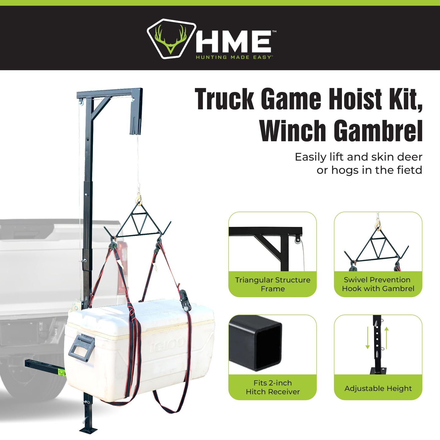HME Truck Hitch Game Hoist Complete Kit with Winch and Gambrel, 400 lb Capacity - Hunting Game Skinning and Cleaning Accessory with 360-Degree Swivel Shaft and Adjustable Height