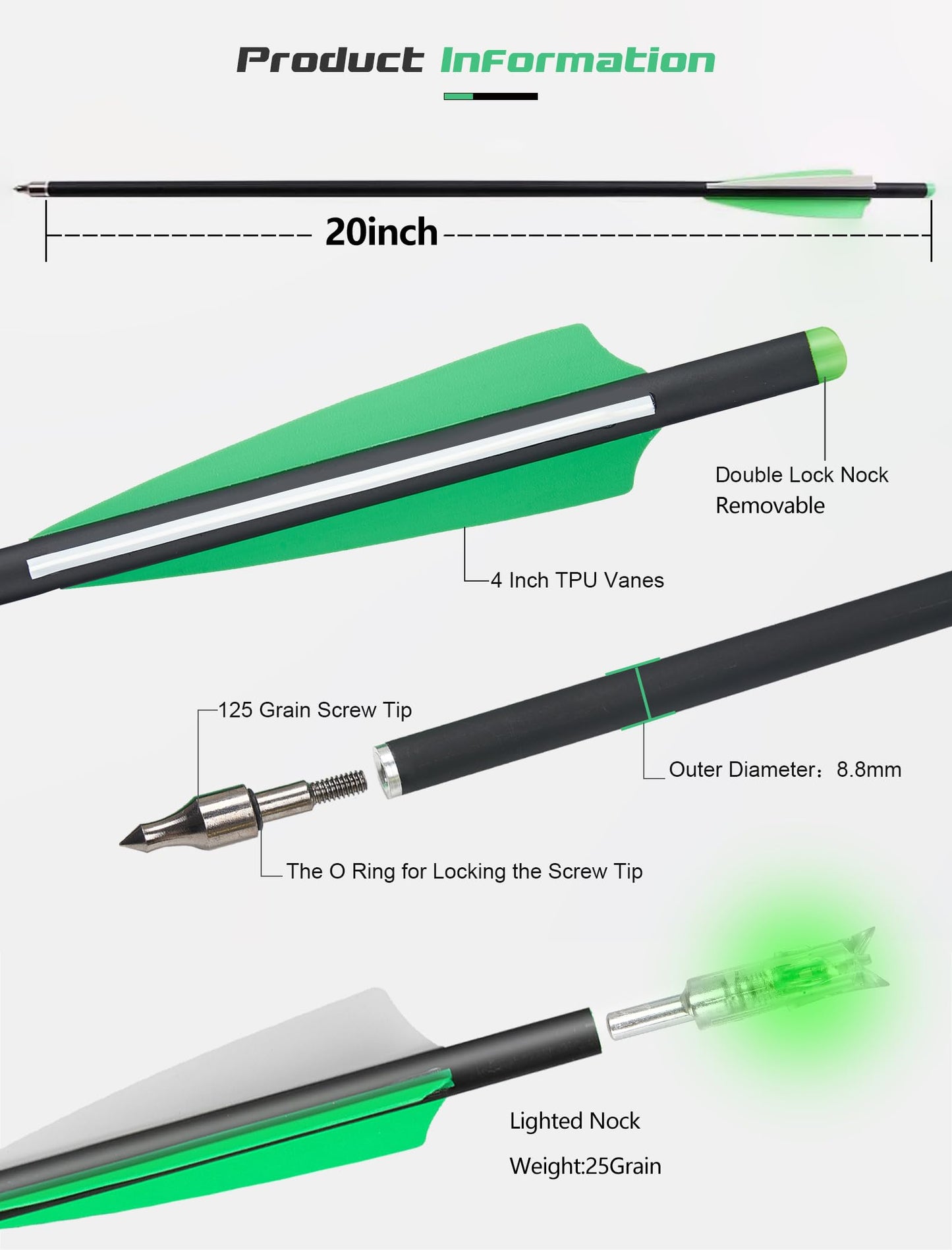 TOPARCHERY Crossbow Bolts 20 Inch 12 pcs with 6pcs Lighted Nocks and 6pcs Replaced Broadheads Set, Carbon Crossbow Arrows for Practice Outdoor Hunting