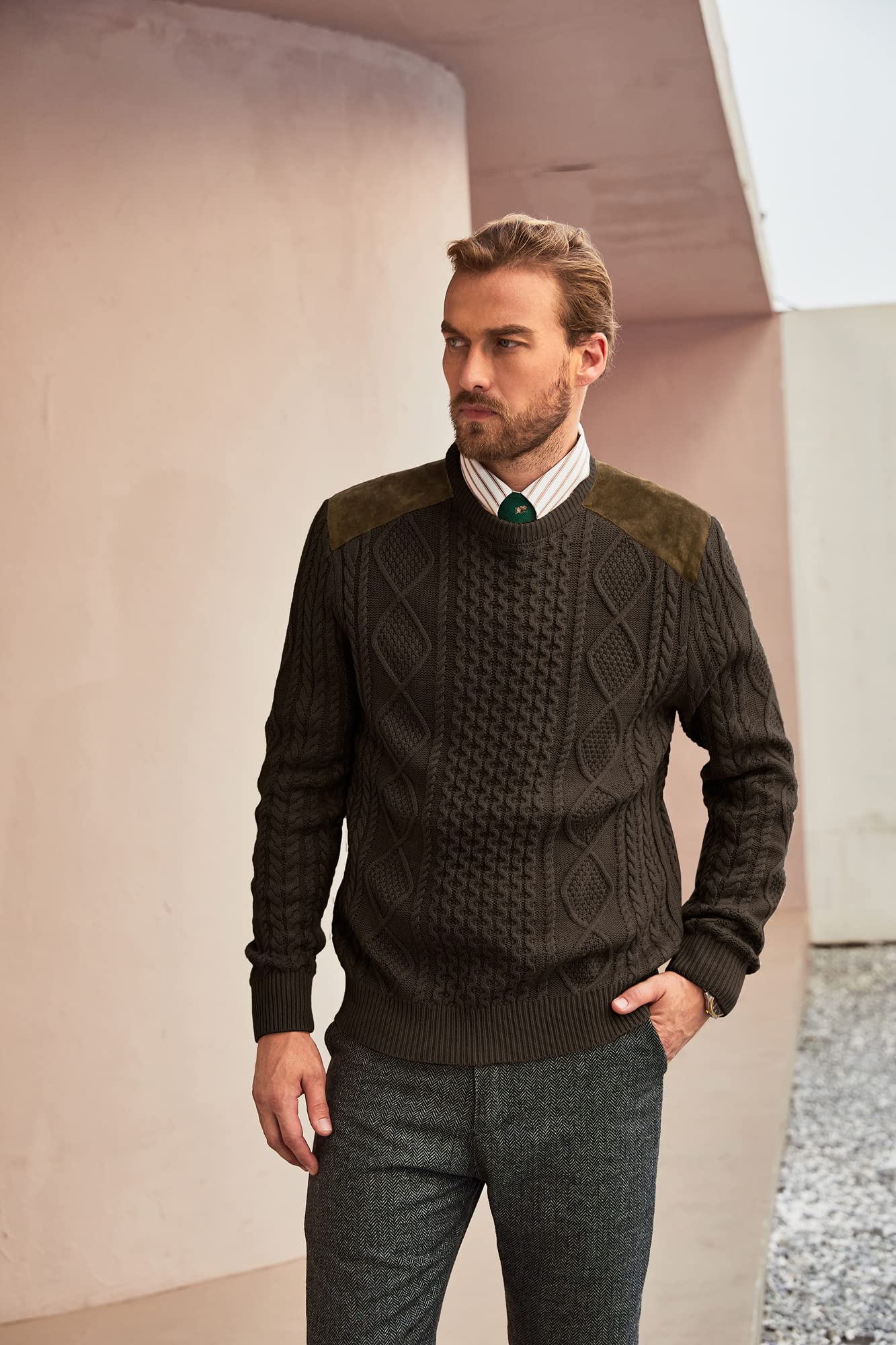 Men Military Commando Sweater Long Sleeve Crewneck Cable Knitted Pullover Sweater with Suede Patch on Shoulders Coffee L