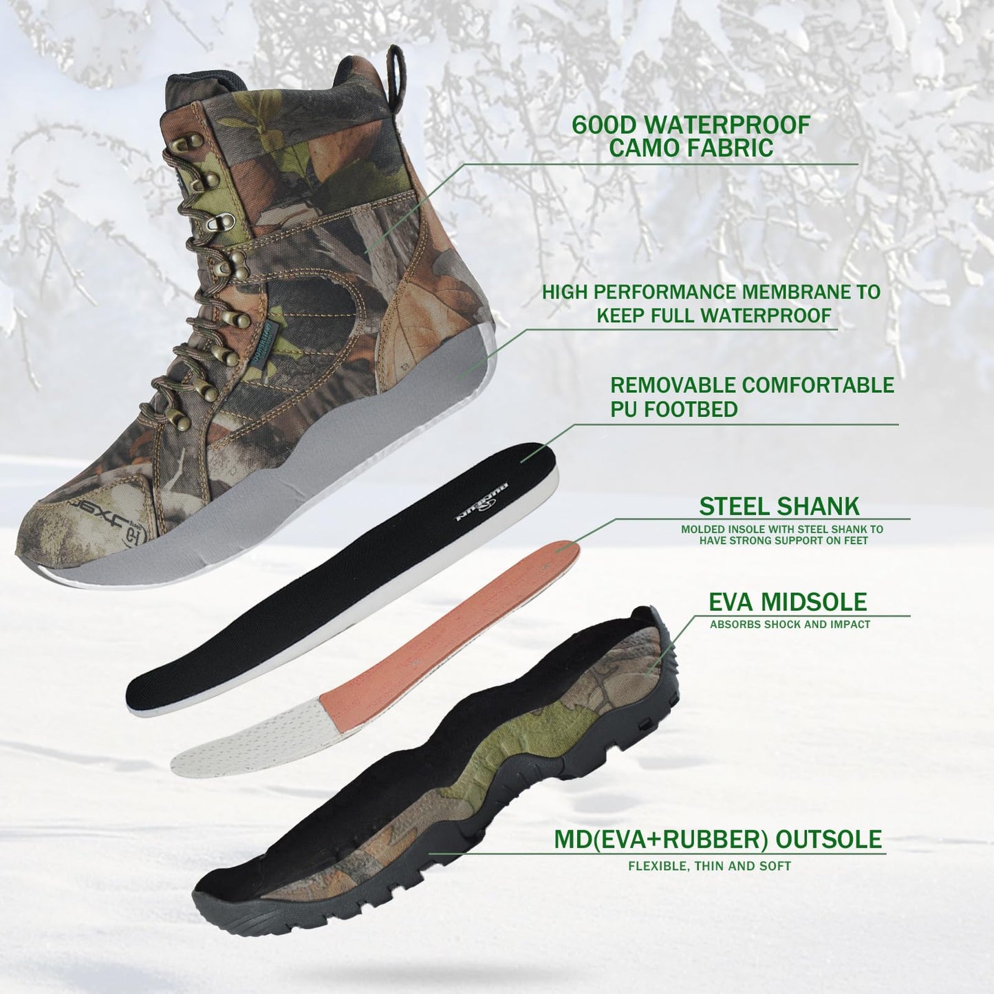 R RUNFUN Men's 8" Waterproof Lightweight Hunting Boots Camo Insulated Hiking Boots, 200g Thinsulate(RF001-8C2,Size10)