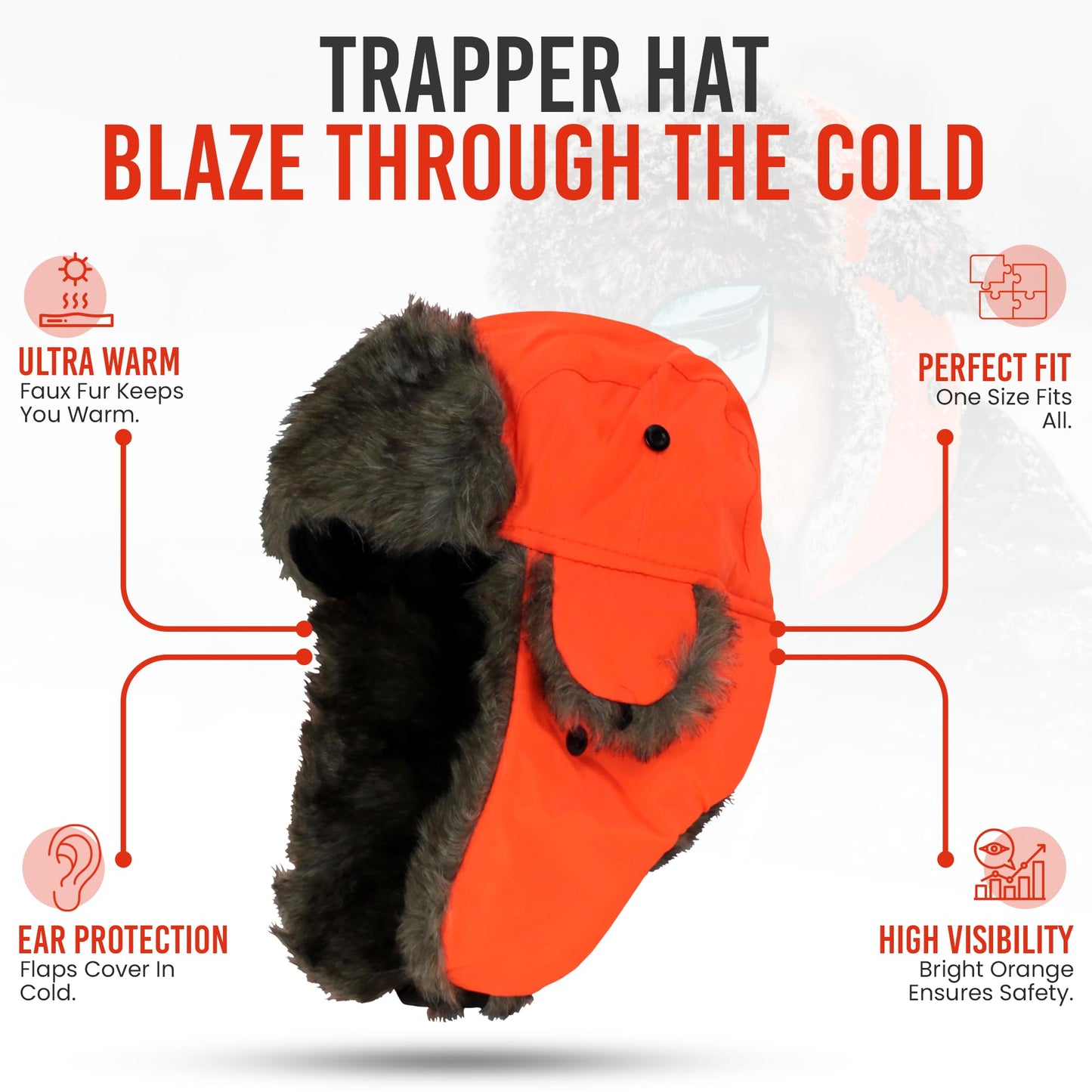 Iconikal Men's Trapper Winter Hat Hunter Blaze Orange Faux Fur Lined Ear Flap Quick Release Buckle Warm Hunting Cap One Size Fits Most Adults