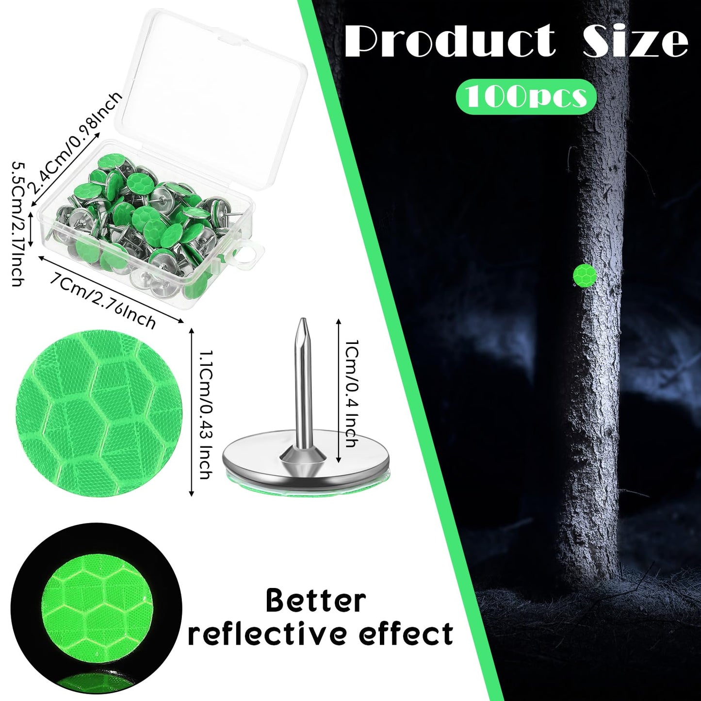 Fullhawl 100 Reflective Tacks Trail Marking Tacks Glow Reflective Mark Trail Markers Thumb Nails for Hunting Hiking Camping Tree Stand (Green)