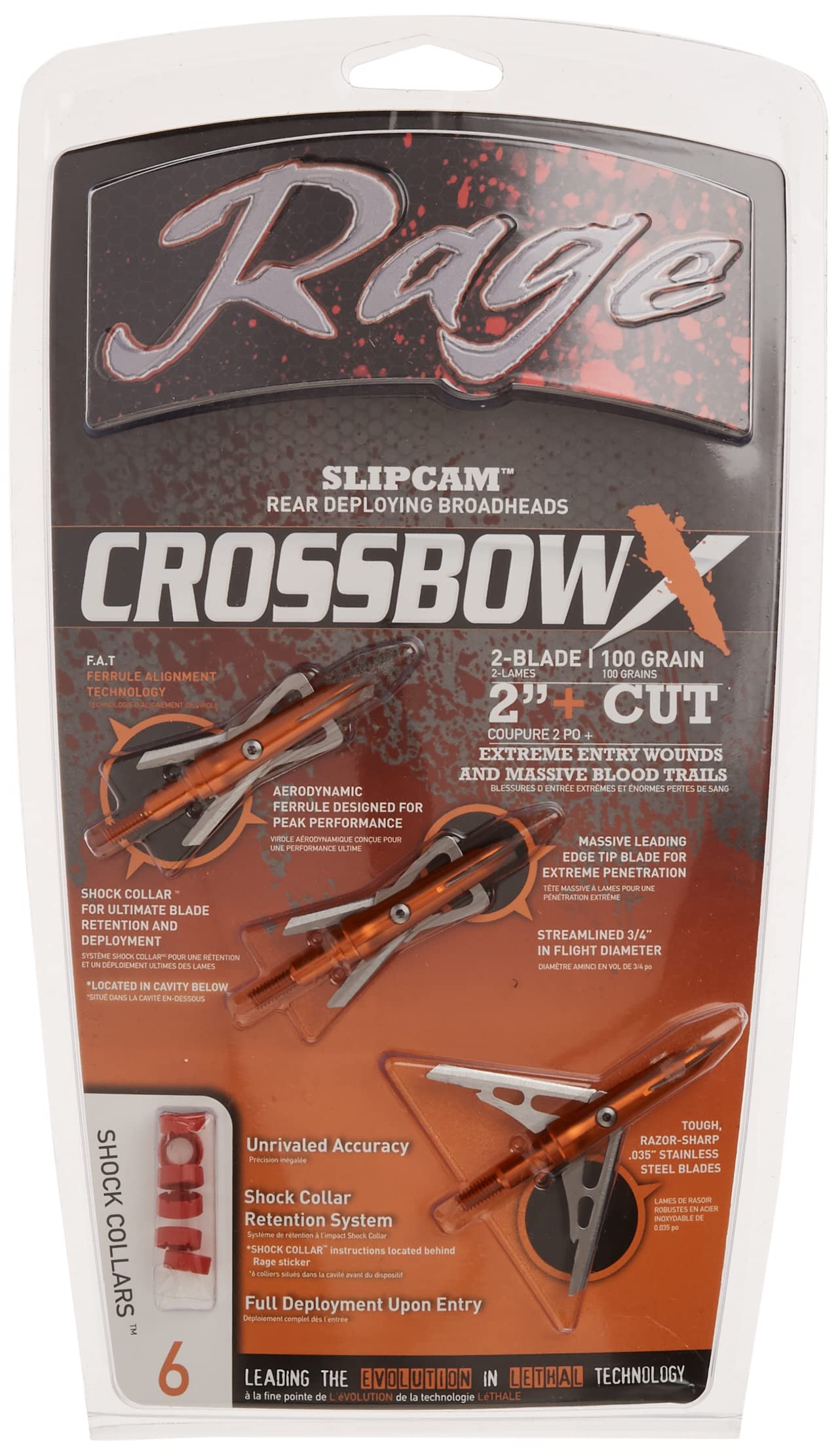 Rage Crossbow X, 2-Blade Archery Arrow Broadhead, 100 Grain with Shock Collar Technology (3-Pack)