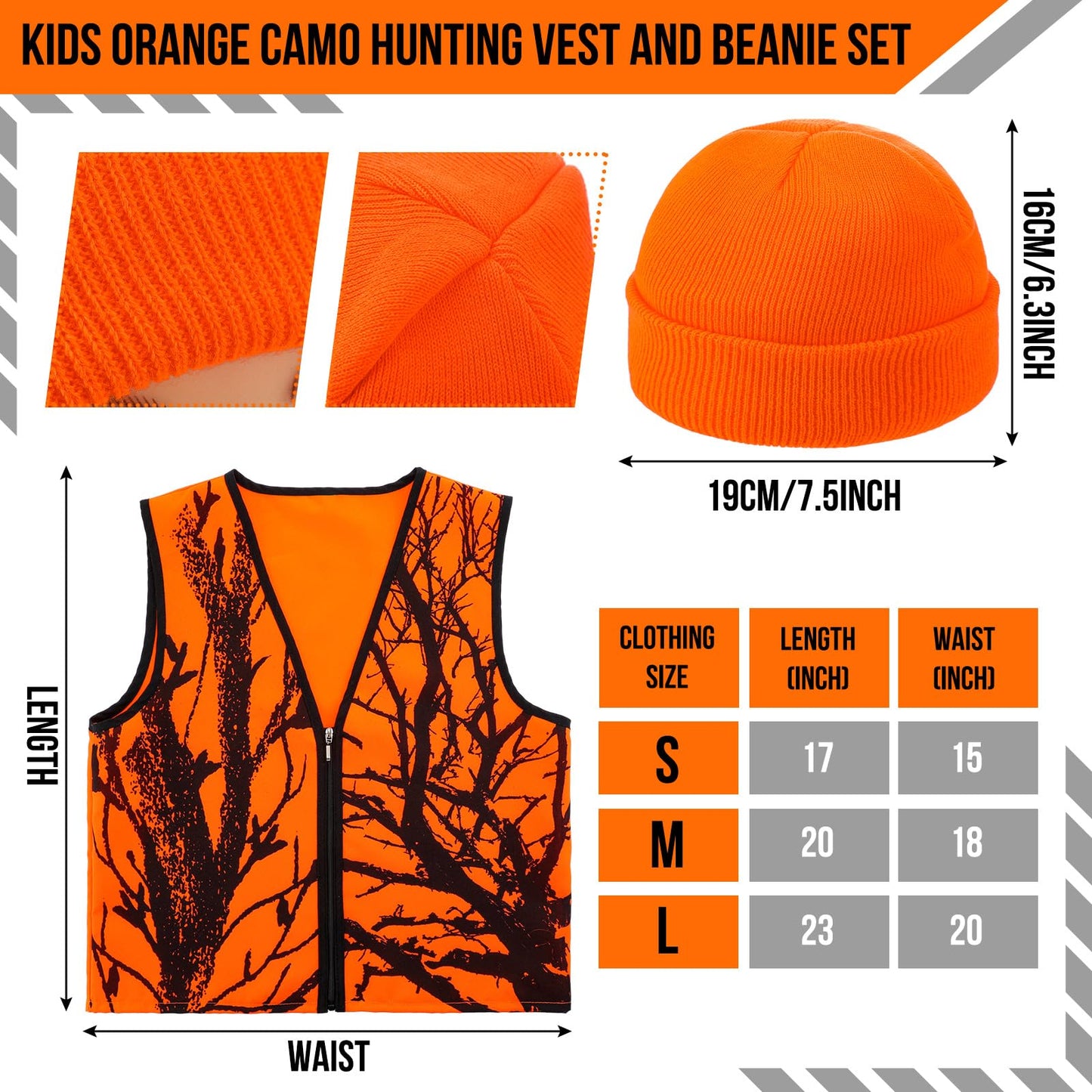 Berlune 2 Pcs Kids Hunting Vest & Beanie Set Reflective Hunting Clothes Blaze Vests for Night Hiking Outdoor(Orange,M,Pattern Style)