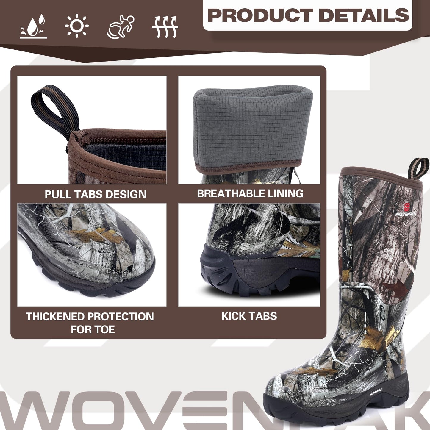 WOVENPAK Rubber Boots for Women, Waterproof Rain Boots Women, Insulated Hunting Boots, Neoprene Garden Mud Boots All Season for Hunting, Gardening, Farming, Size 6