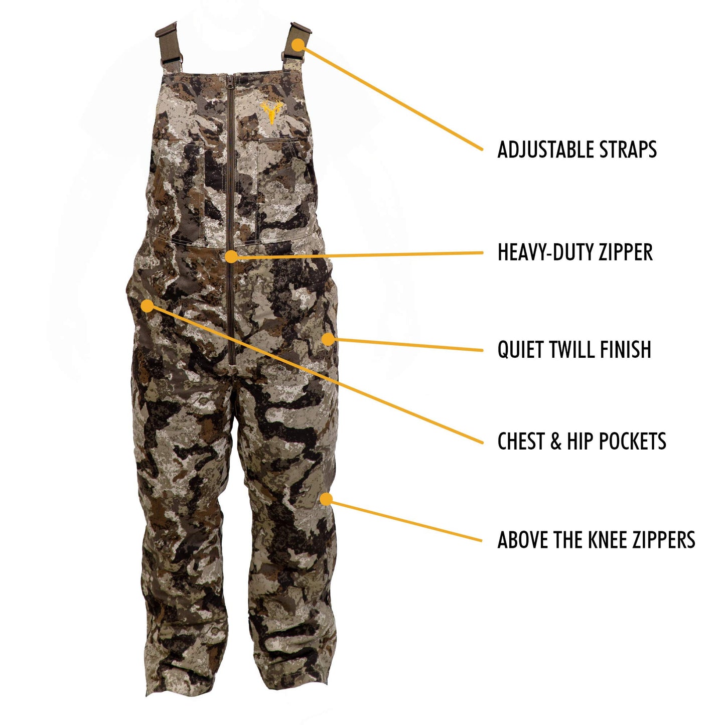HOT SHOT Youth Insulated Camo Bib, Adjustable Height, Leg Zippers, Veil-Cervidae Camo - Designed for all day comfort, Large