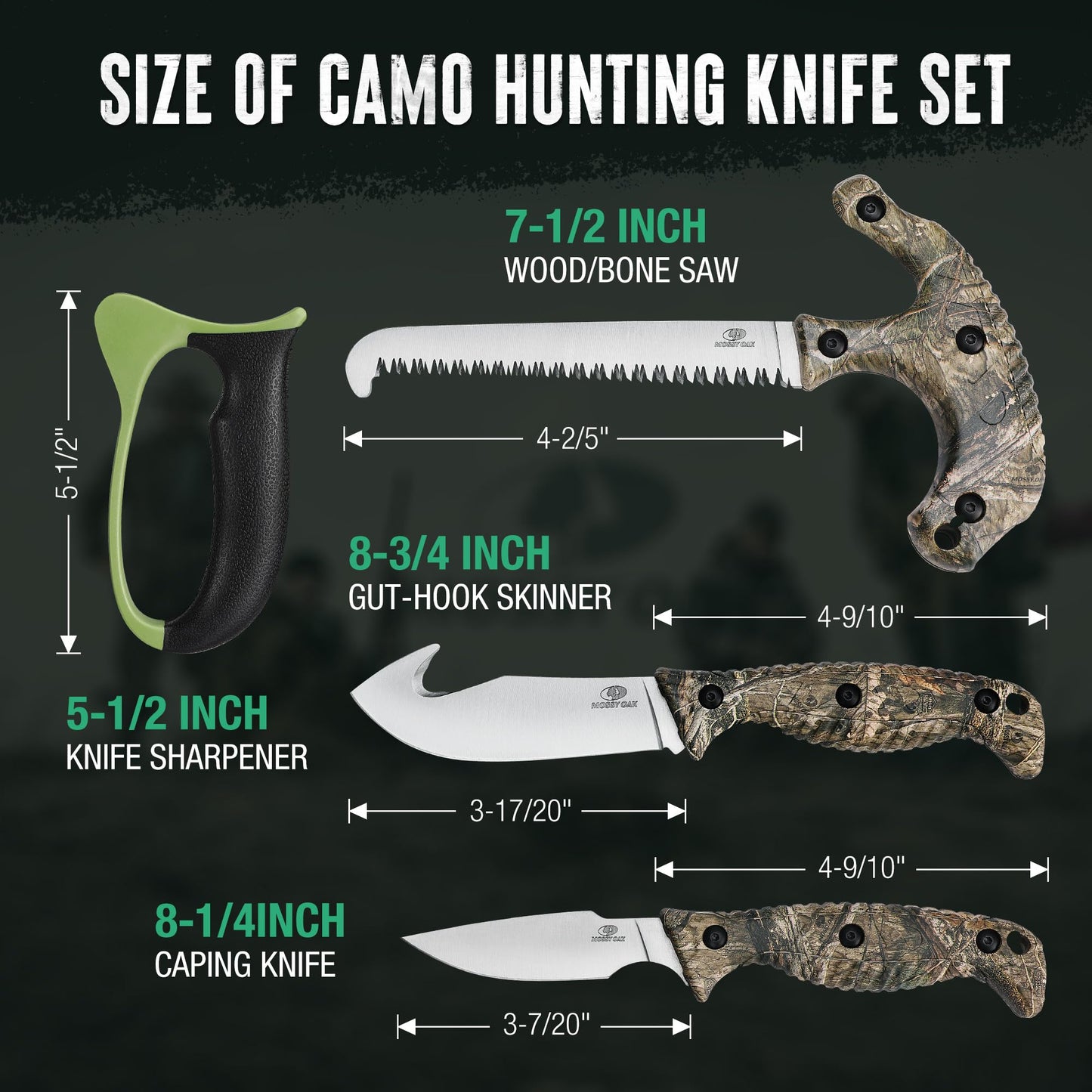 Mossy Oak Field Dressing Kit, 4 Pcs Camouflage Hunting Knife Set with Sheath, Gut-Hook Skinner, Caping Knife, Wood/Bone Saw, Knife Sharpener, for Deer Hunting, Camping, Perfect Hunting Gifts for Men