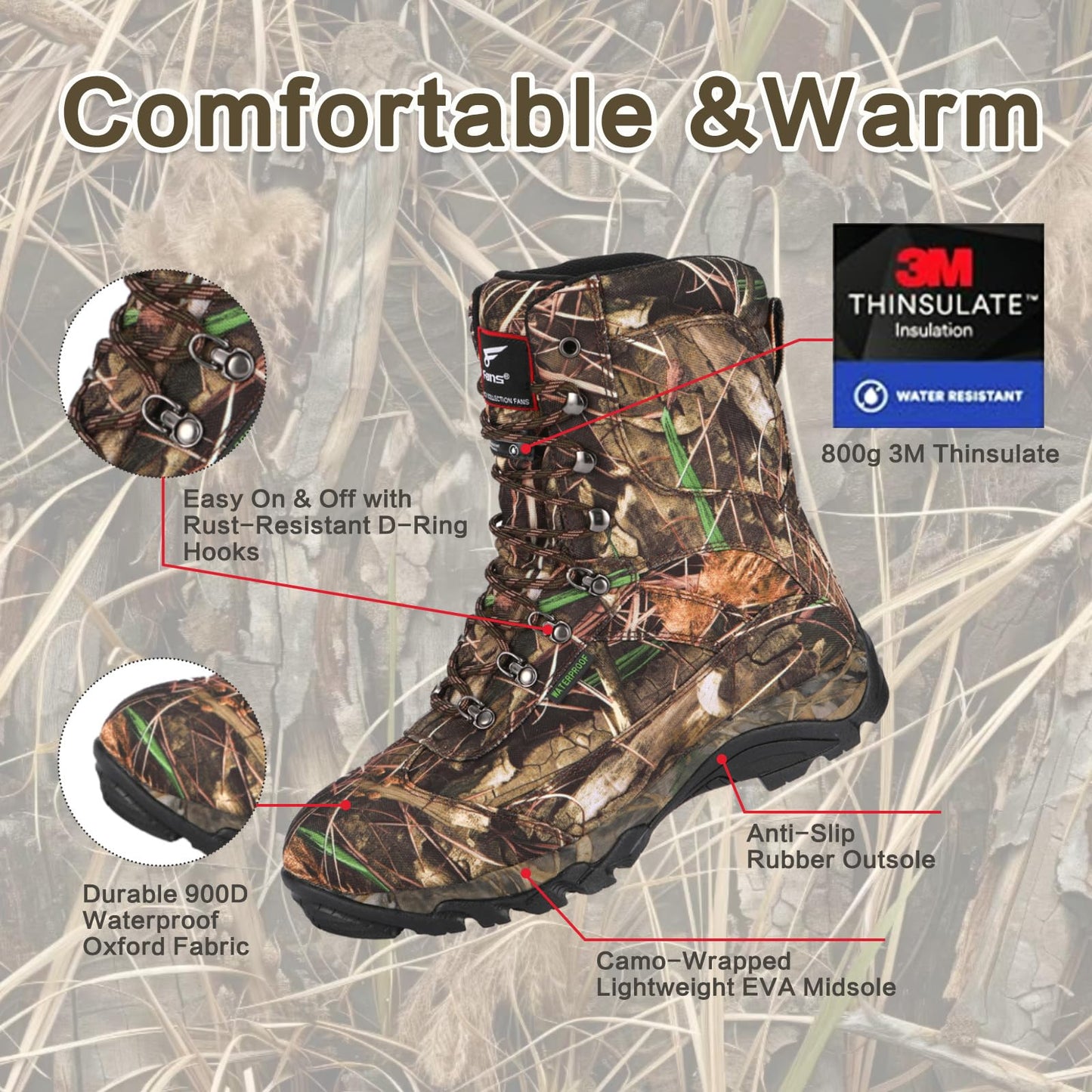 8 Fans Hunting Boots for Men, 800g Thinsulate Insulated Waterproof Hunting Shoes, Lightweight Anti-Slip Outdoor Boots for Cold Weather, Hiking, Fishing Size 9