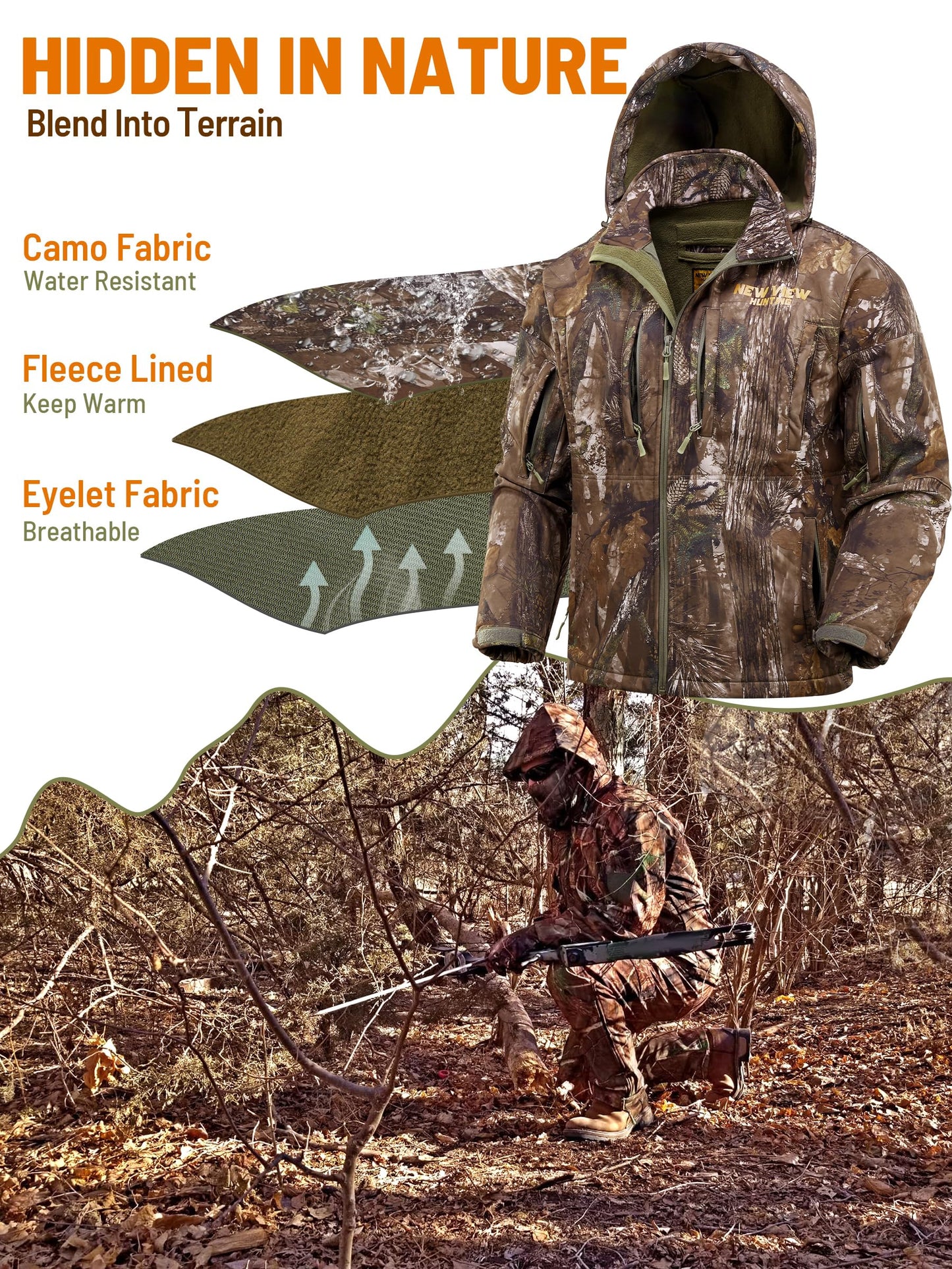 NEW VIEW Camo Hunting Jackets for Men, Warm Fleece Lined Hunting Jacket with Hood, Quiet Water Resistant Hunting Clothes, Nv Camo Tree, Large