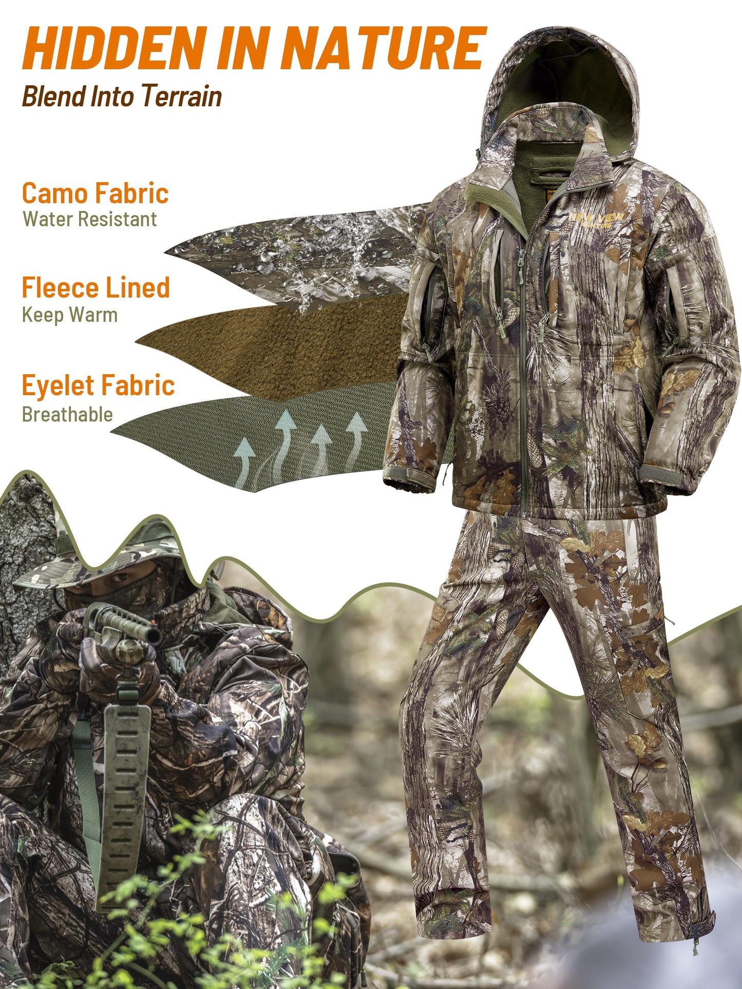 NEW VIEW Camo Hunting Clothes for Men, Quiet Warm Fleece Lining, Cold Weather Deer Hunting Jacket and Pants with Face Mask