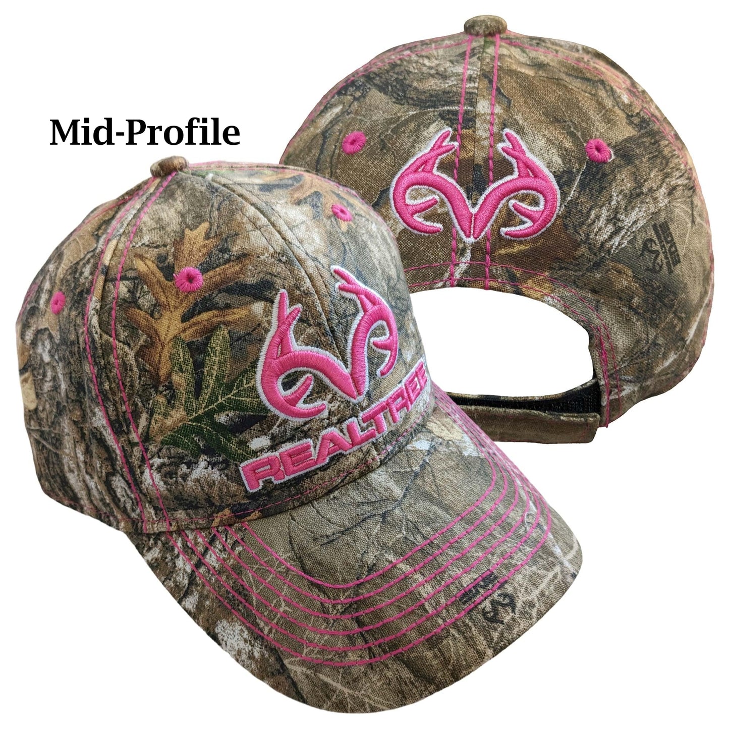 Realtree 3D Pink Antler Logo Hunting Camo Cap Hat Visor, RT Edge, Ladies Fit, Mid Profile Structured, Wicking Sweatband, Vel-cro Back