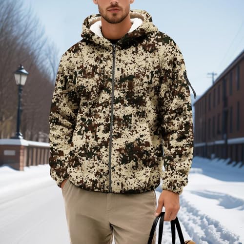 BIVENANT Camouflage Hoodie for Men Fleece Lined Jackets Zipper Camo Hunting Clothing Men's Winter Coats with Hood Outdoor Casual Y2K Outerwears,Camo Brown,L