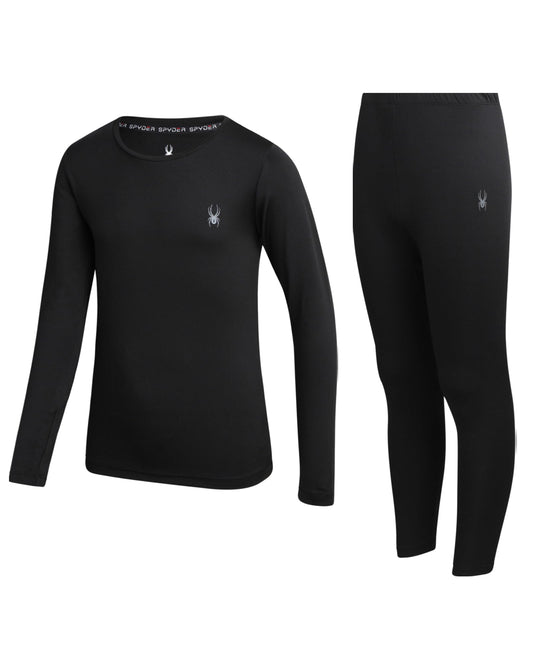 Spyder Kids Thermal Underwear Set - 2 Piece Moisture Wicking Insulated Base Layer - Breathable Long Johns for Boys and Girls, Size 12-14, Black