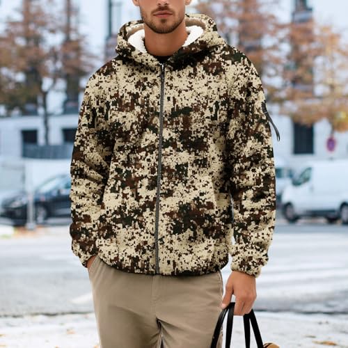 BIVENANT Camouflage Hoodie for Men Fleece Lined Jackets Zipper Camo Hunting Clothing Men's Winter Coats with Hood Outdoor Casual Y2K Outerwears,Camo Brown,L