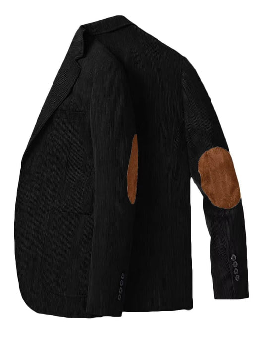 Mens Elbow Patchs Blazer Vintage Corduroy Jacket Classic Two Button Sport Coats with Patch Pockets Black L