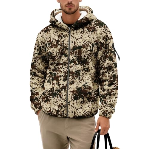 BIVENANT Camouflage Hoodie for Men Fleece Lined Jackets Zipper Camo Hunting Clothing Men's Winter Coats with Hood Outdoor Casual Y2K Outerwears,Camo Brown,L
