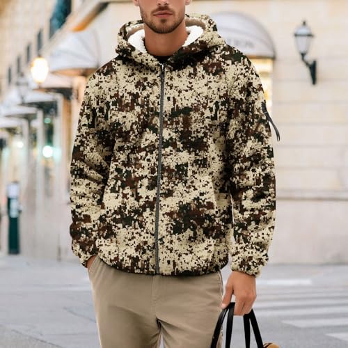 BIVENANT Camouflage Hoodie for Men Fleece Lined Jackets Zipper Camo Hunting Clothing Men's Winter Coats with Hood Outdoor Casual Y2K Outerwears,Camo Brown,L