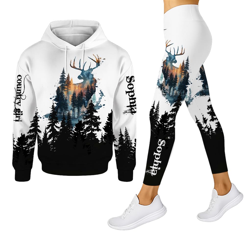 TeeHakie Personalized Deer Hunting Hoodie and Leggings Set – Country Girl Custom Name 3D Sweatshirt and Pants Outfit for Women (US, Alpha, Small, 5X-Large, Regular, Regular, Hunting Art)