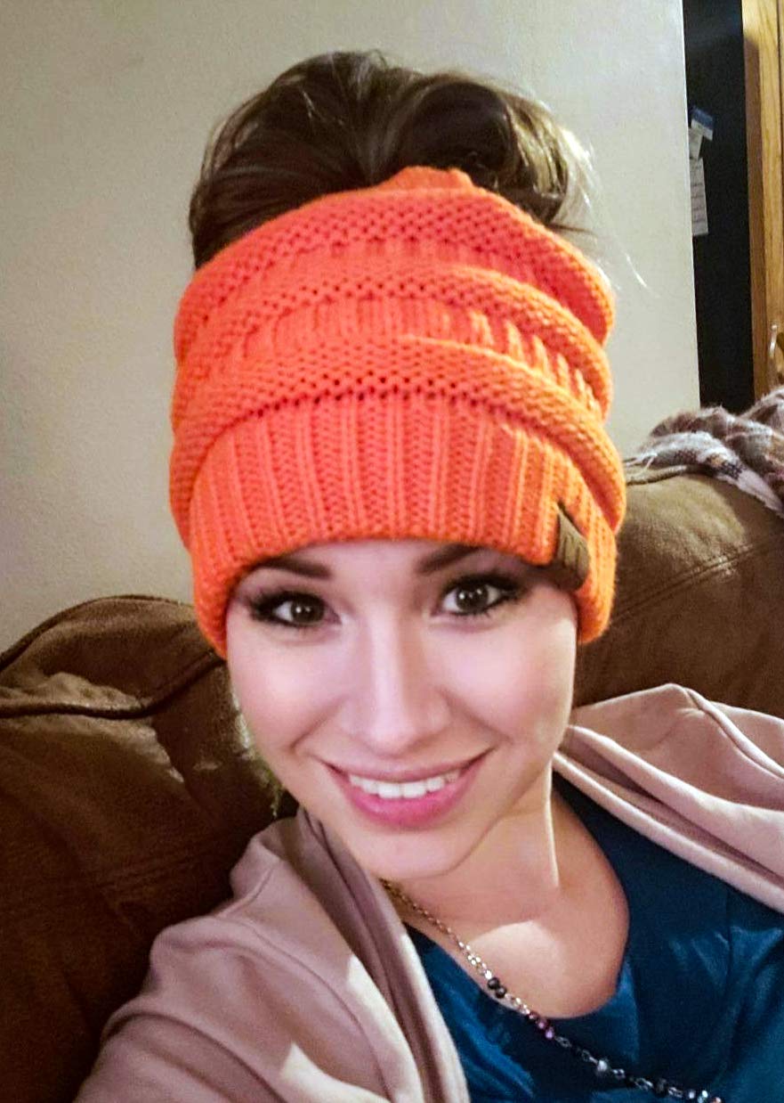 Funky Junque Ponytail Beanie for Women – Ponyback Winter Hat with Soft Stretch Cable Knit, High Pony Messy Bun Hats for Running and Cold Weather Activities - Neon Orange