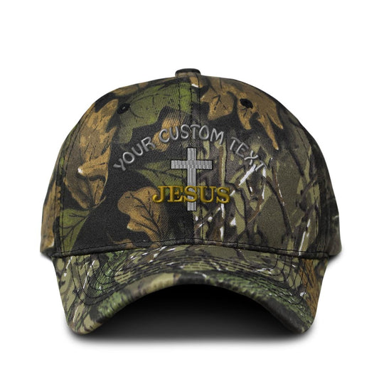 Custom Camo Baseball Cap Christian Cross, Jesus Embroidery Cotton Hunting Dad Hats for Men & Women Strap Closure Forest Tree Green Personalized Text Here