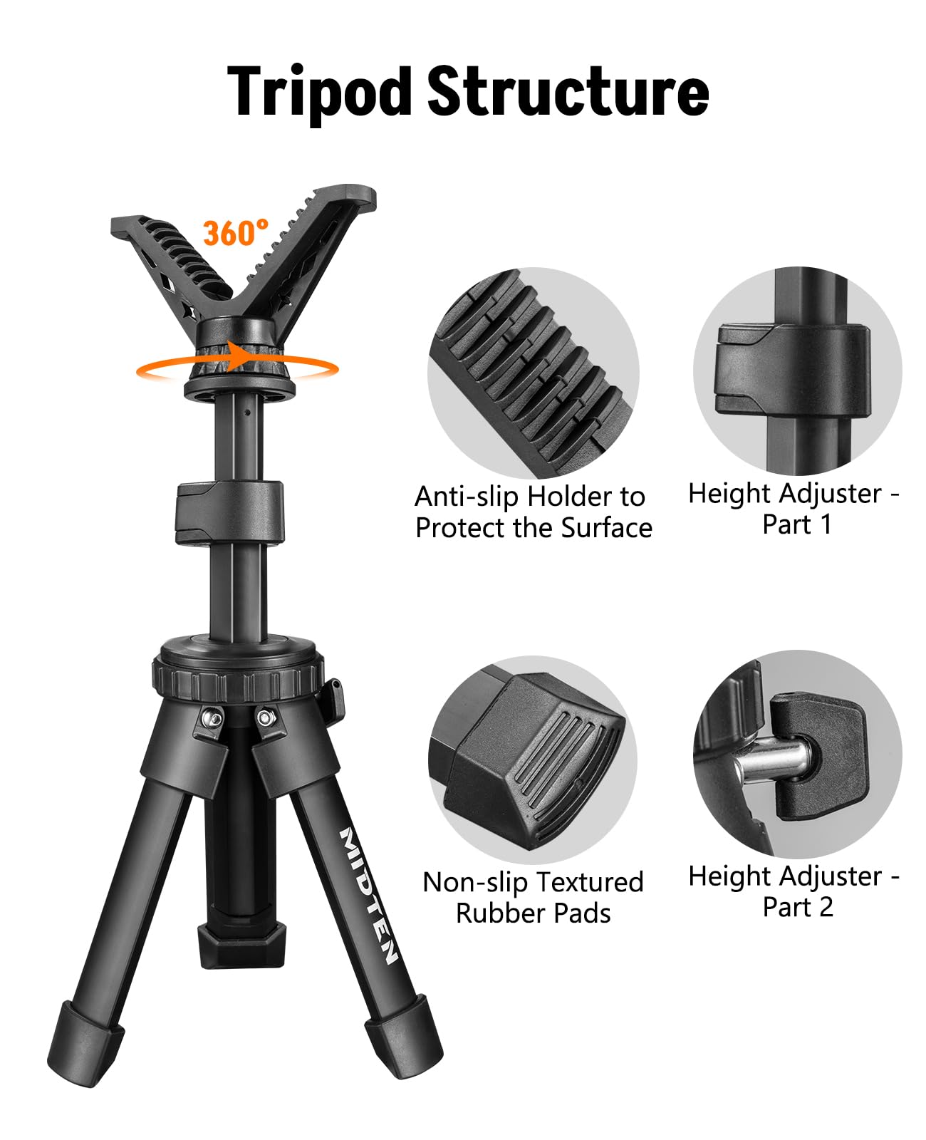 MidTen Portable Shooting Rest Tripod Rifle Stand for Range - Lightweight Bench Rest with 360 Rotate V Yoke Holder (7.5-15'')