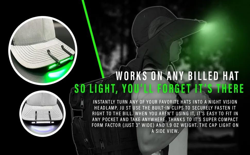 MODERN NEEDS Night Vision Cap Light –Compact, Clip-On Hat Flashlight Powered by AAA | Dual LED Modes for Camping & Hunting | Lightweight Hat Flashlight for Billed Hats Suitable for Outdoor use Camo