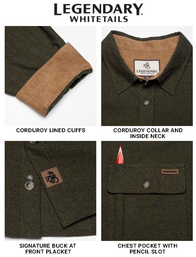Legendary Whitetails Mens Flannel Shirt Long Sleeve Button Down 100% Cotton, Army, XL
