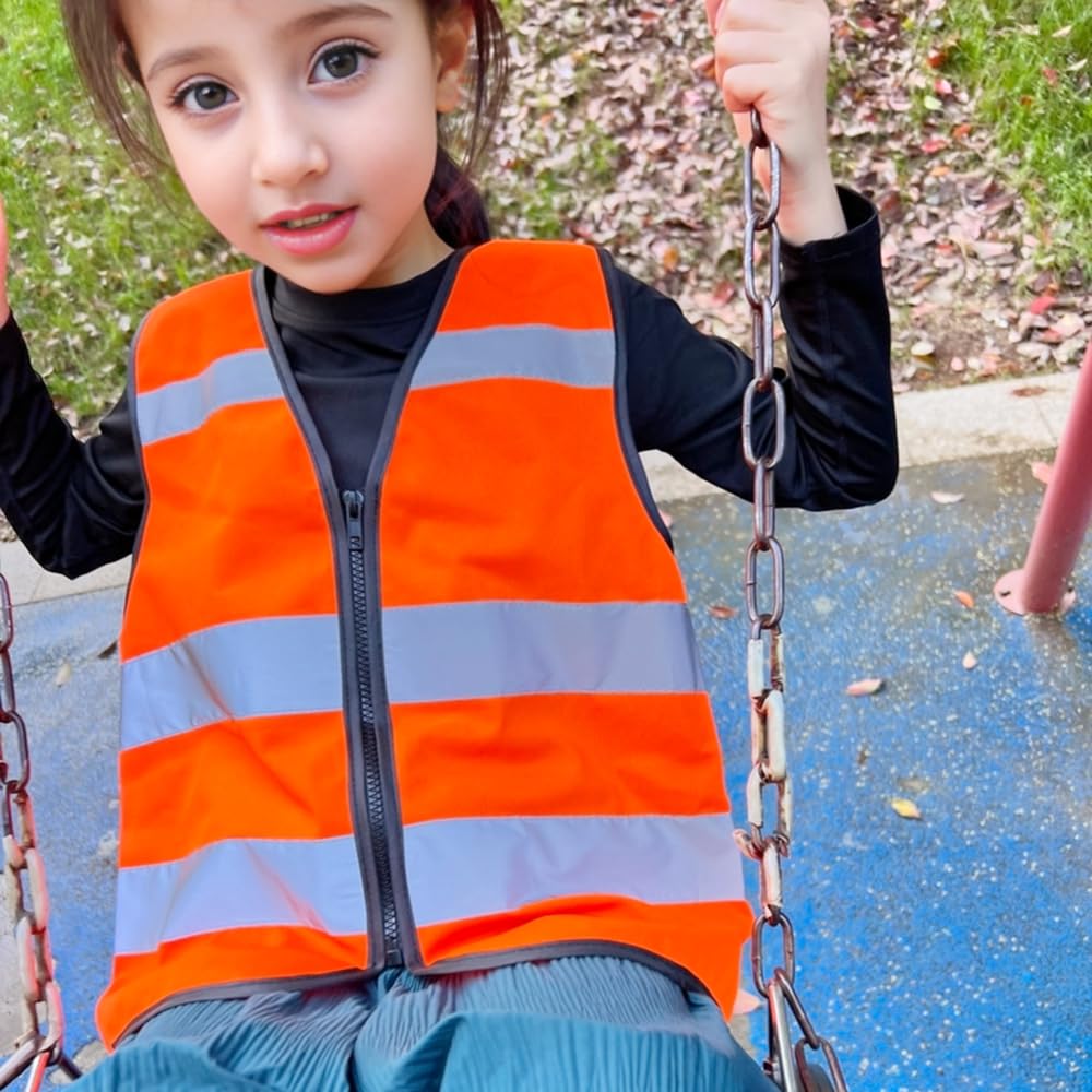 IDOU High Visibility Kids Safety Vest,Toddler Safety Vest,Reflective Vest Kids,Toddler Construction Vest For Cycling &Running,Orange XS/Zipper
