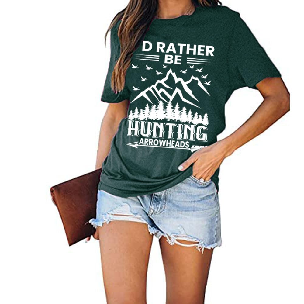 I'd Rather be Hunting Women Hiking Shirts Summer Muscle Athletic Tops Funny Loose Letter Printed Tees, Green S