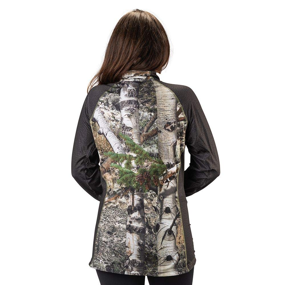 TrailCrest Ladies Mossy Oak Impulse 4 Way Stretch 1/4 Zip Performance Top, Mountain Country & Charcoal Heather, Medium