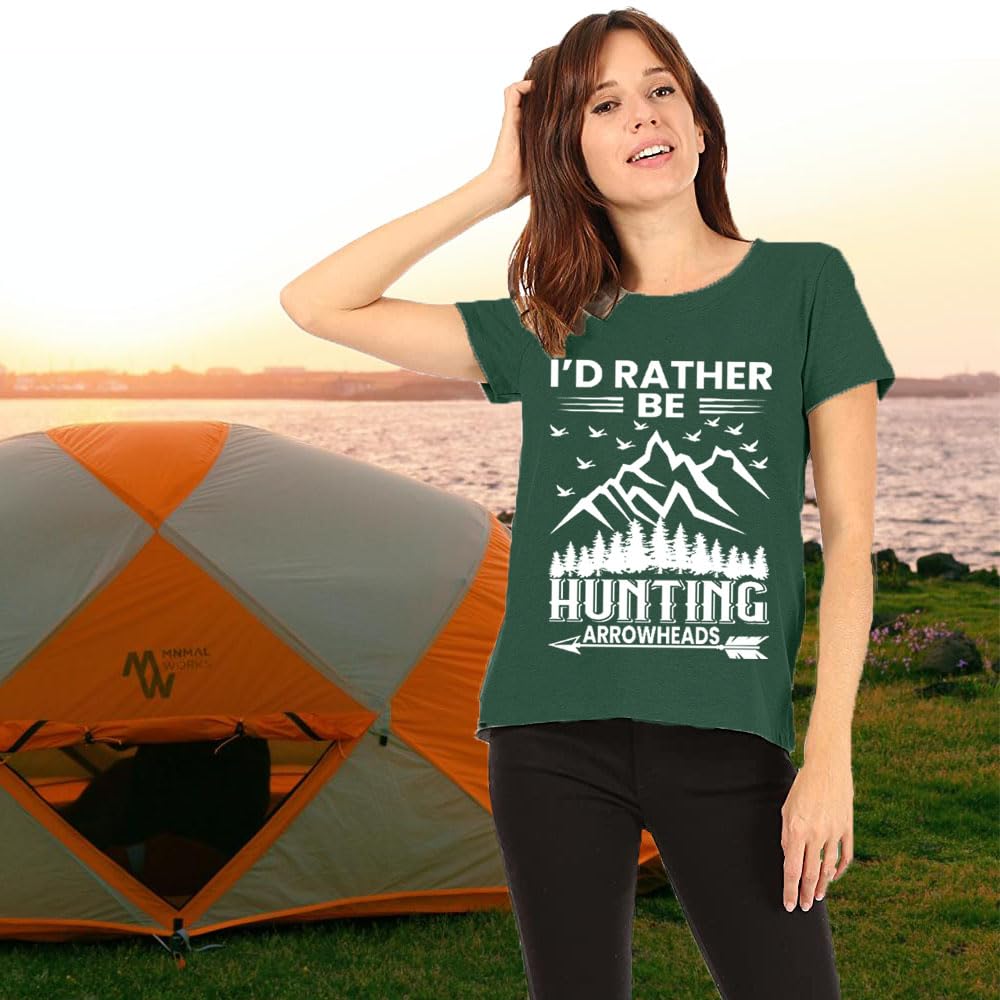 I'd Rather be Hunting Women Hiking Shirts Summer Muscle Athletic Tops Funny Loose Letter Printed Tees, Green S