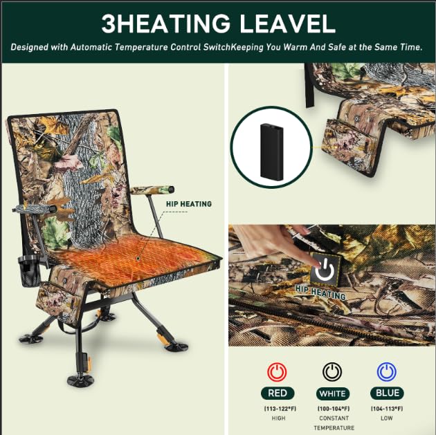 DLPJEOCR Hunting Blind Chair with Detachable Seat Cover and Heater, 360 Degree Silent Swivel Hunting Chair with Armrest Cuphold for Camping Fishing Shooting Bench,Heigh Adjustbale and Portable.
