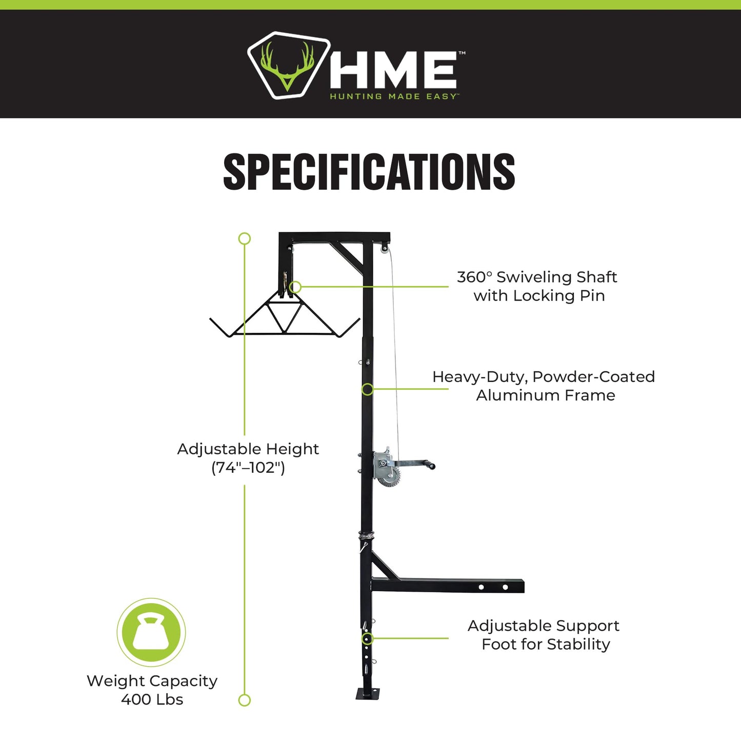 HME Truck Hitch Game Hoist Complete Kit with Winch and Gambrel, 400 lb Capacity - Hunting Game Skinning and Cleaning Accessory with 360-Degree Swivel Shaft and Adjustable Height