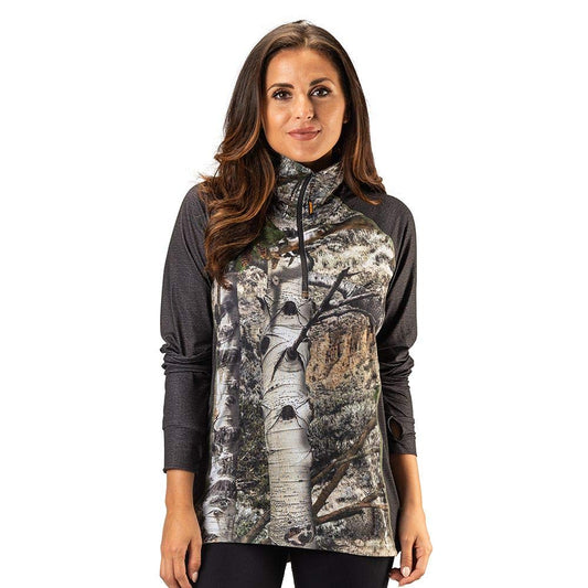 TrailCrest Ladies Mossy Oak Impulse 4 Way Stretch 1/4 Zip Performance Top, Mountain Country & Charcoal Heather, Medium