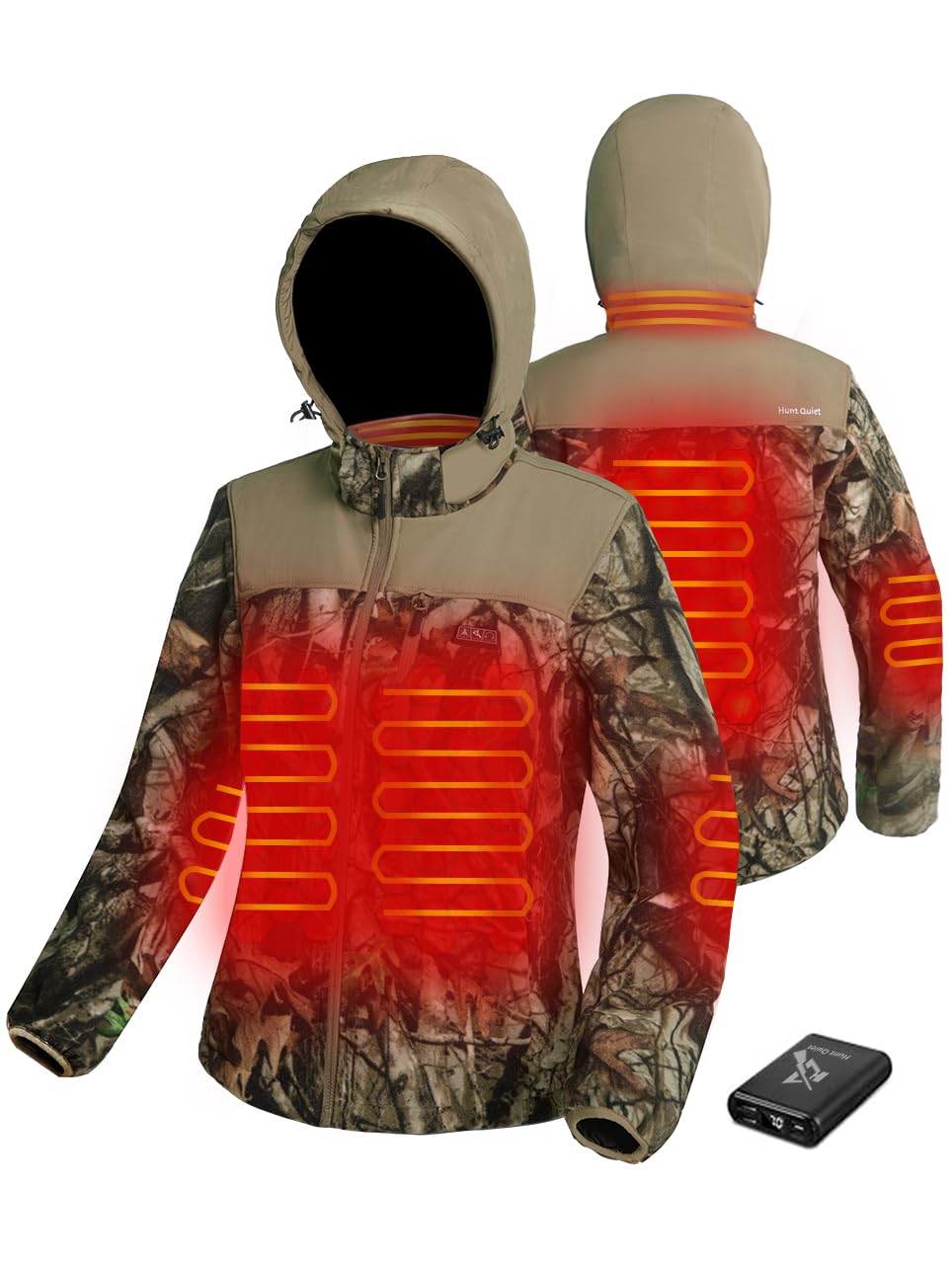 Hunt Quiet Women’s Heated Jacket Fleece with Power Bank, Rechargeable Coat for Hunting (Next Camo G2, Size XL)
