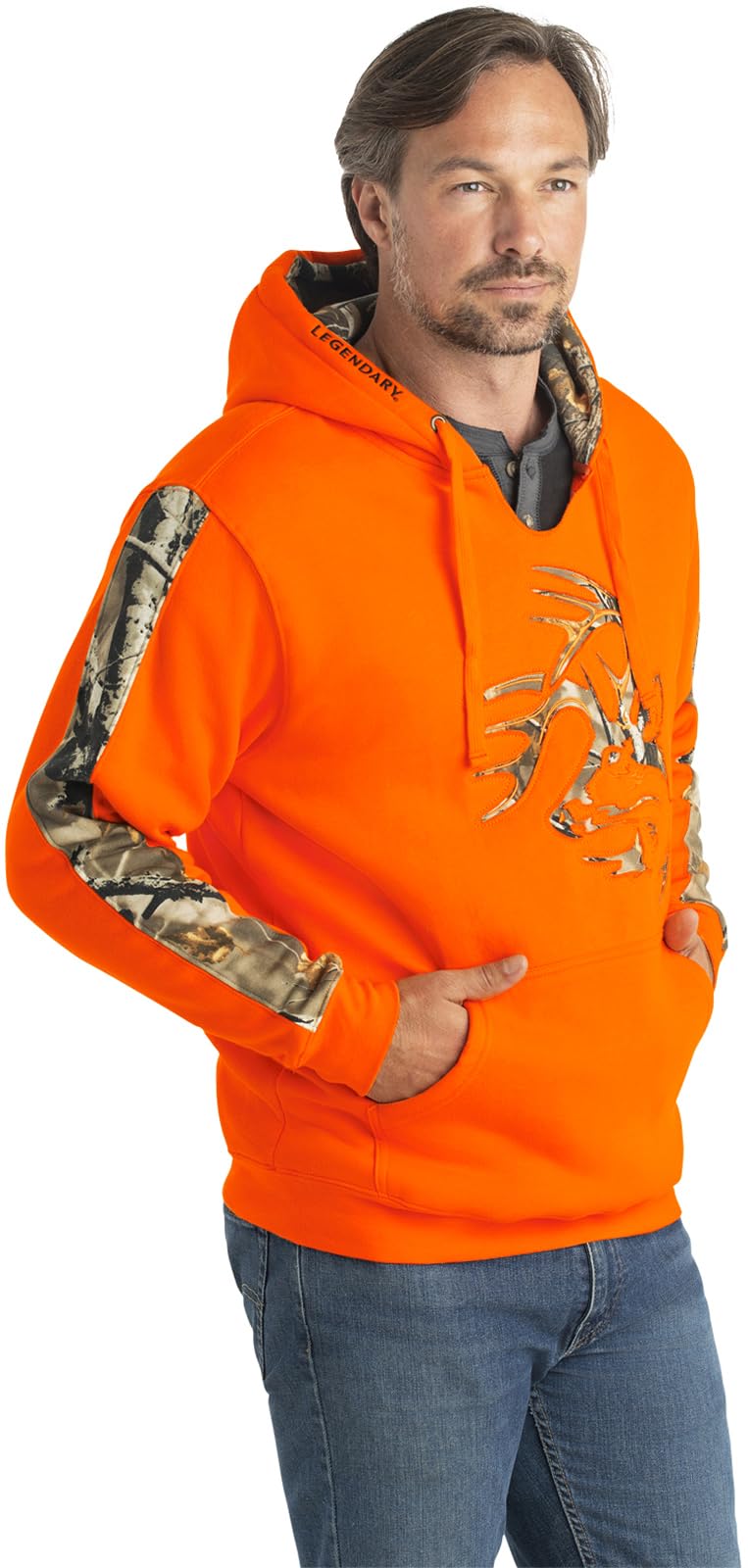 Legendary Whitetails Mens Camo Hoodie Pullover Sweatshirt Midweight V-Neck Design, Inferno, LRG