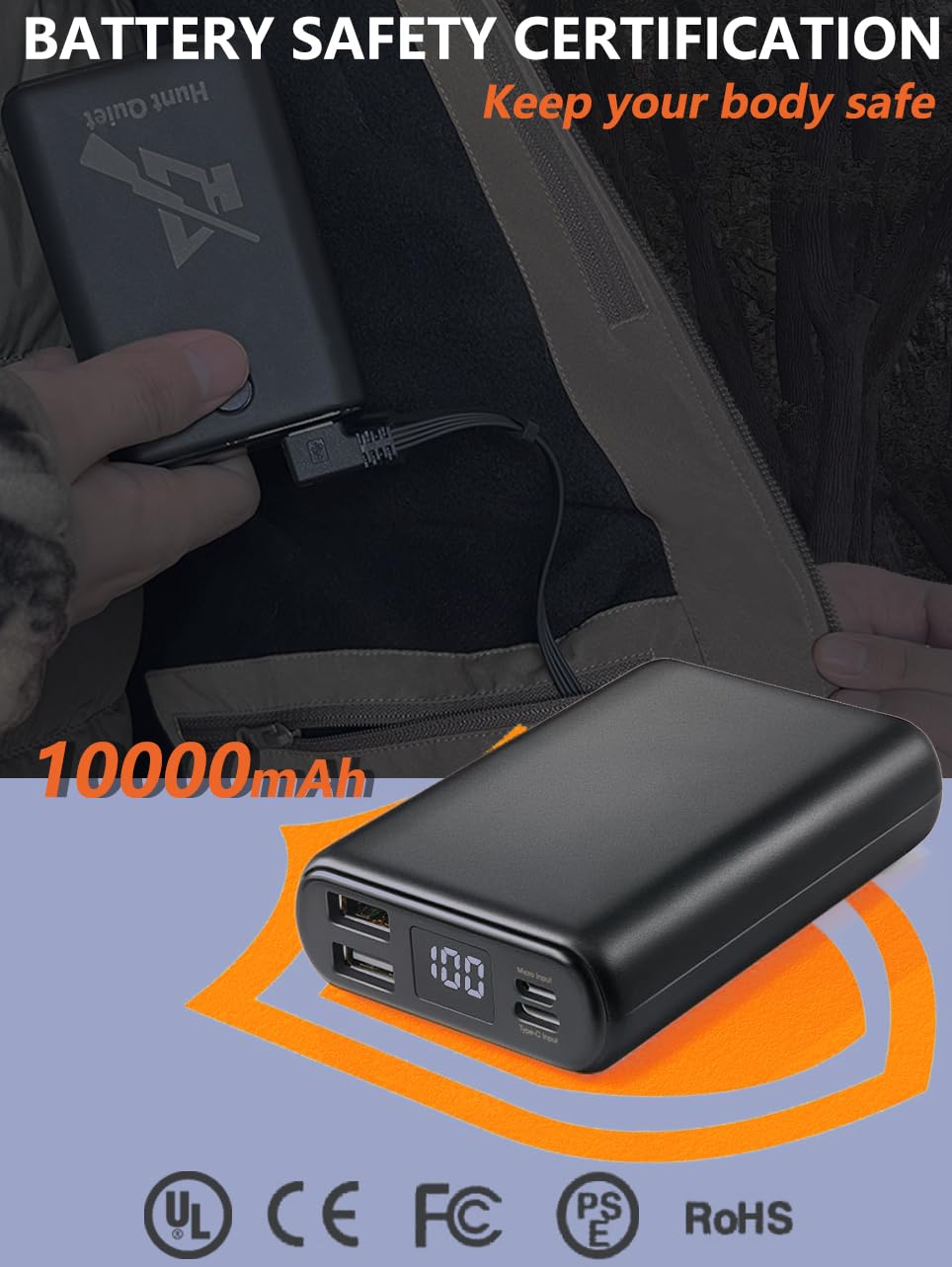 Hunt Quiet Men’s Heated Jacket Fleece with Power Bank, Rechargeable Coat for Hunting (Next Camo G2, Size M)