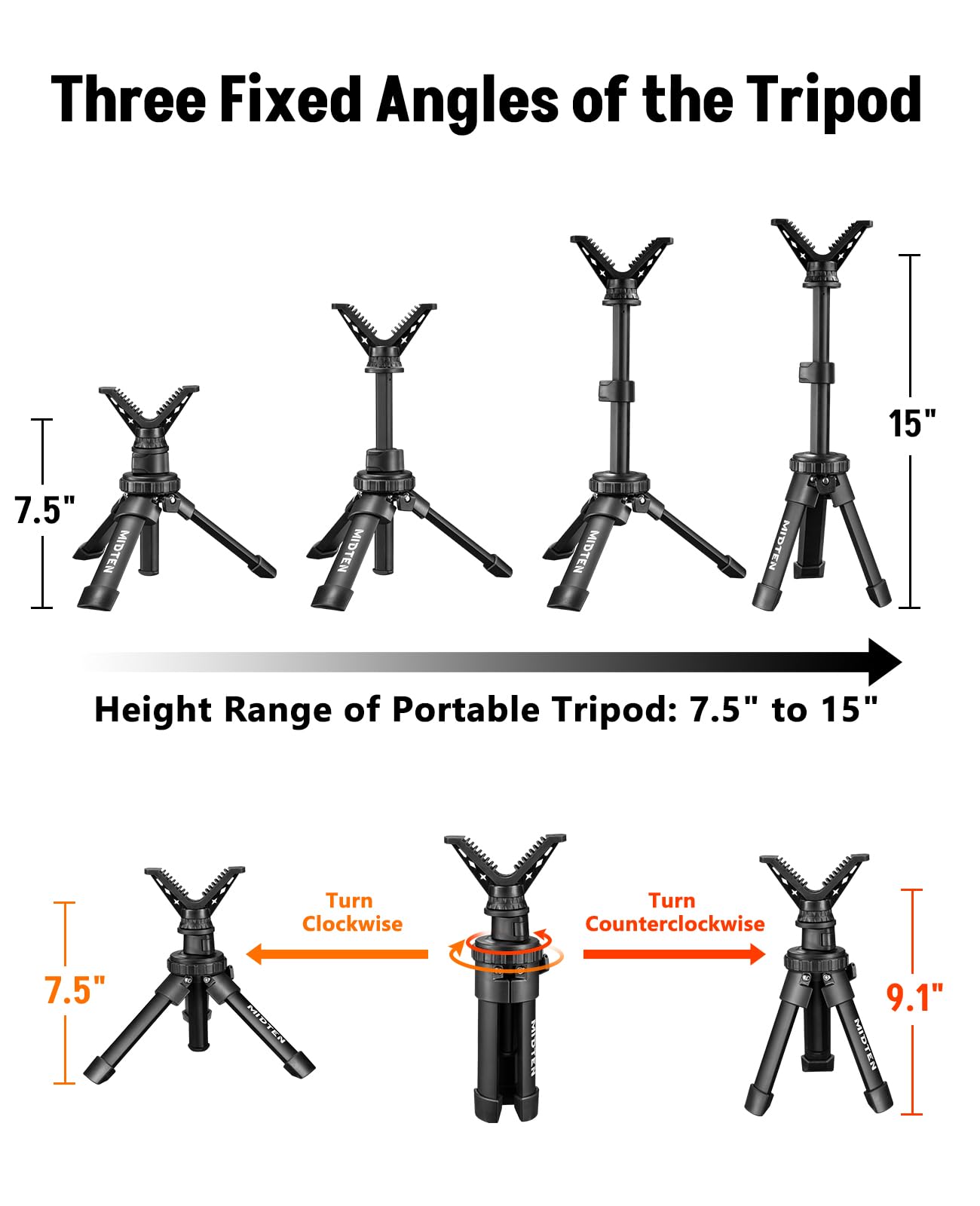 MidTen Portable Shooting Rest Tripod Rifle Stand for Range - Lightweight Bench Rest with 360 Rotate V Yoke Holder (7.5-15'')