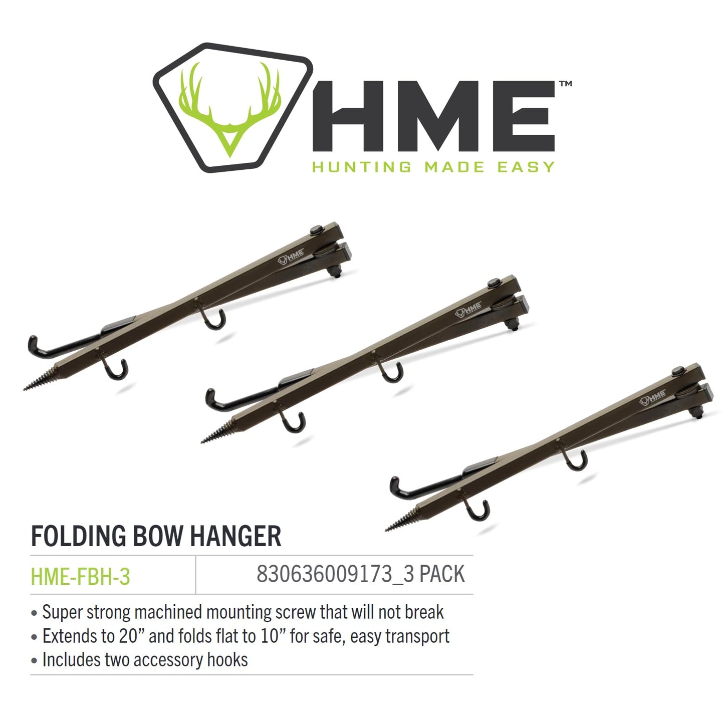 HME Durable Secure Convenient Portable Folding Tree Stand Bow Hanger w/Two Accessory Hooks - Extends to 20", Folds to 10", 3 Pack