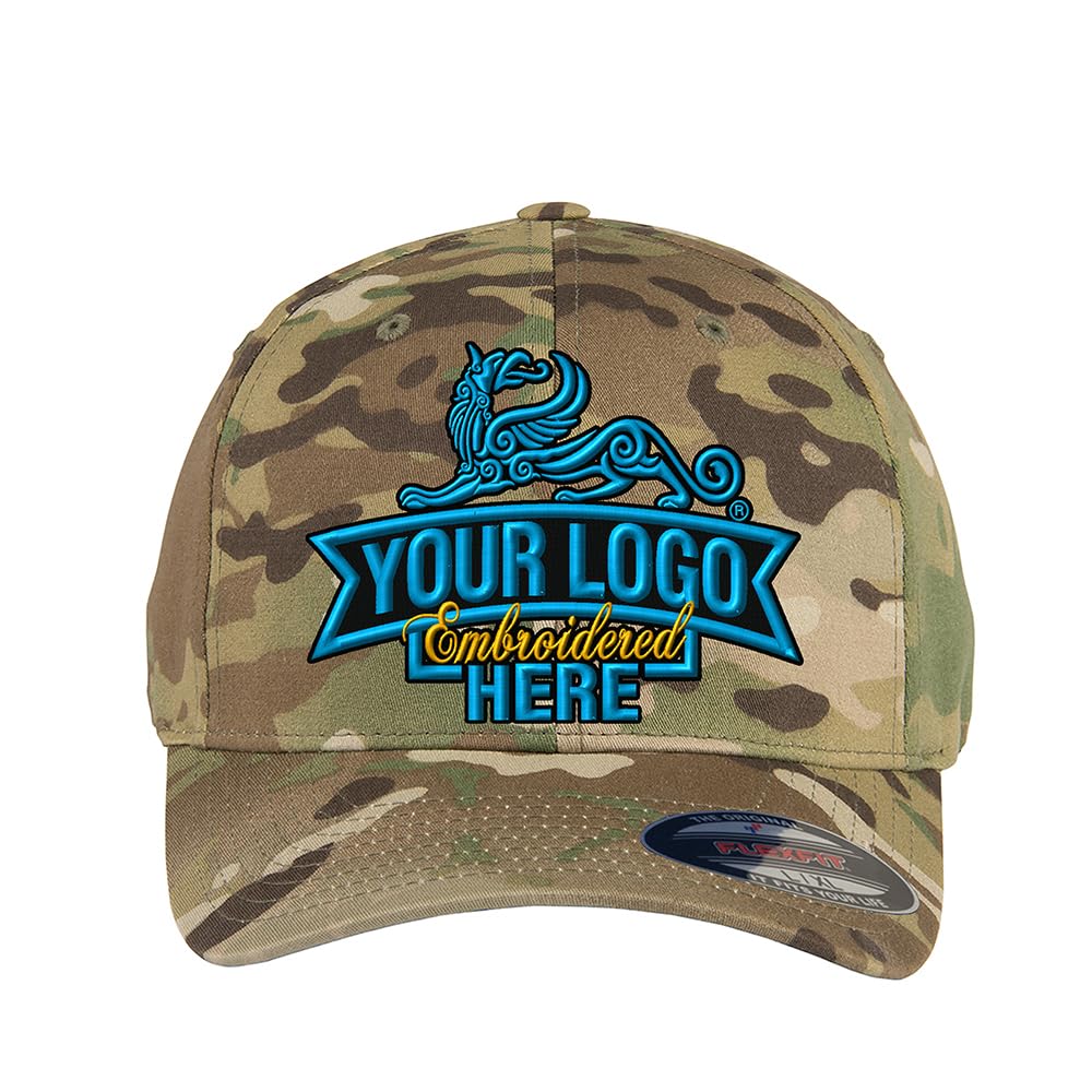 Custom Embroidered Flex Baseball hat. Flex Baseball 6277/6477 Baseball Cap. Place Your Own Logo or Design (L/XL, Multicam)