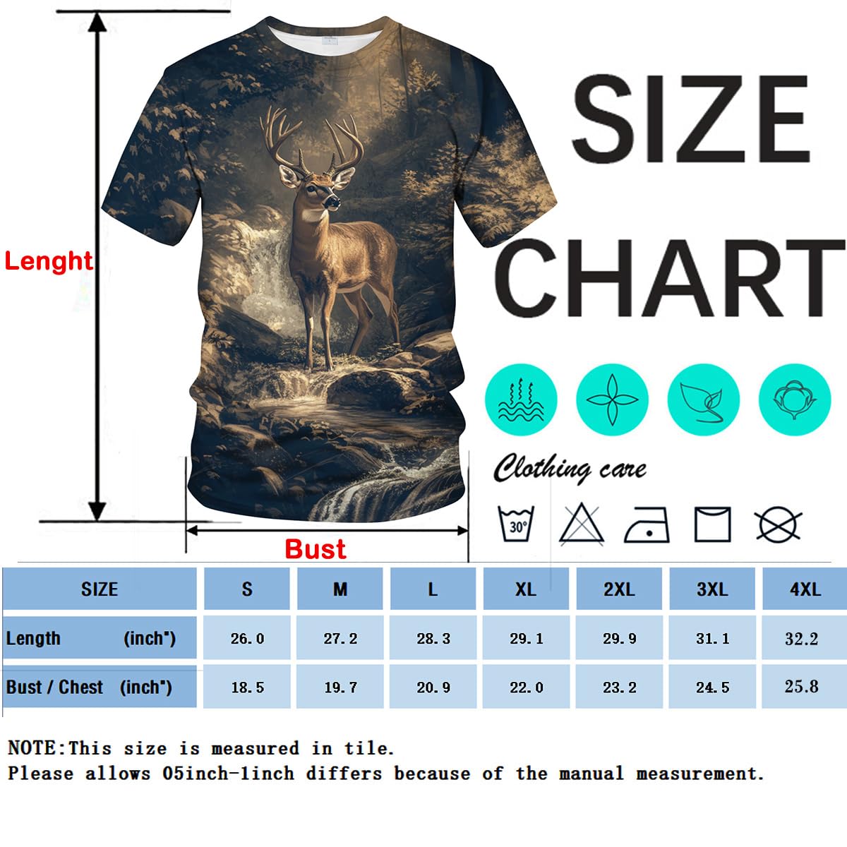 Rebaike Men's Deer Print T-Shirt Forest Buck Hunting Style Wildlife Tee Shirt,Grey,L