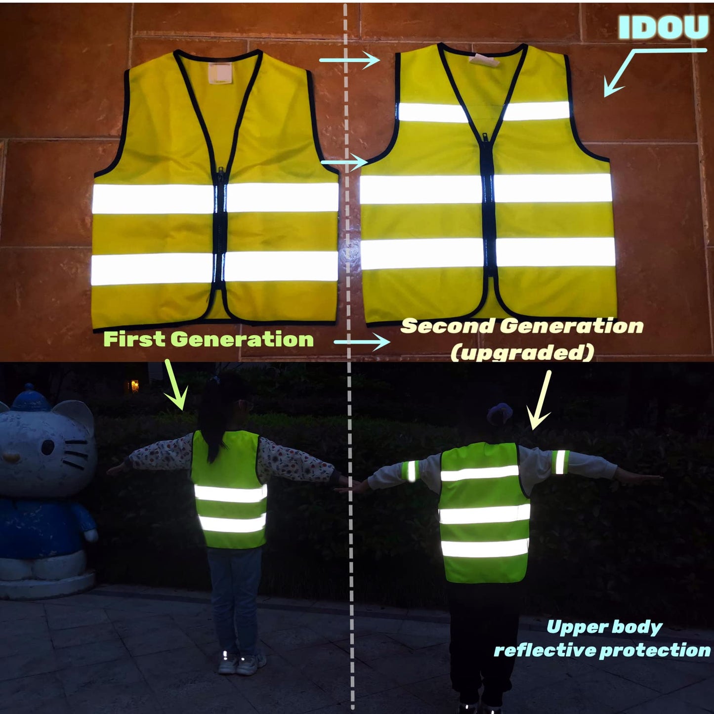 IDOU High Visibility Kids Safety Vest,Toddler Safety Vest,Reflective Vest Kids,Toddler Construction Vest For Cycling &Running,Orange XS/Zipper