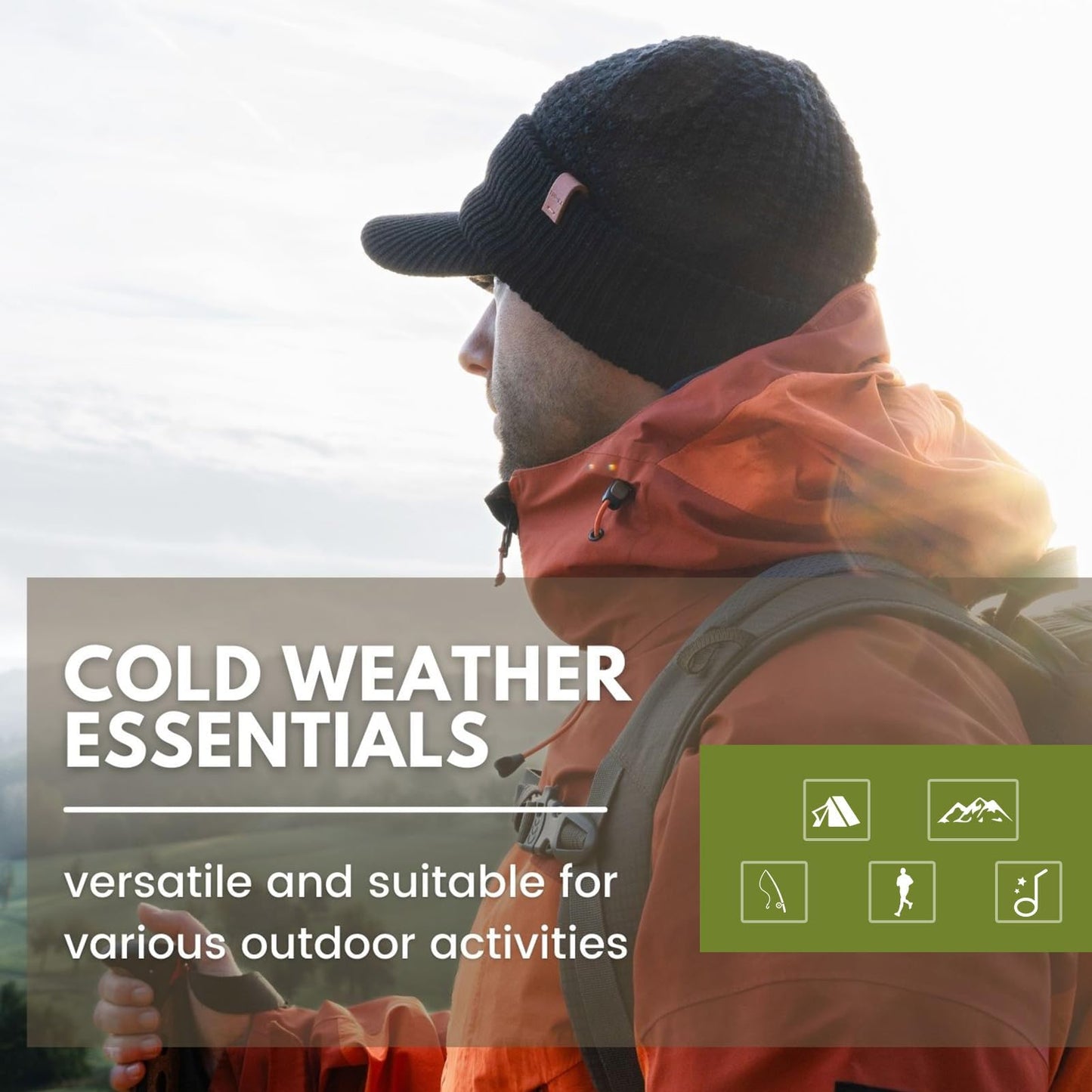 TOP-EX Waterproof Visor Beanie Hat for Men Women Winter Knit Cap with Brim, Merino Wool Fleece Lined Waterproof Headwear for Cold Weather Oversize X-Large Big Head Black XL/XXL