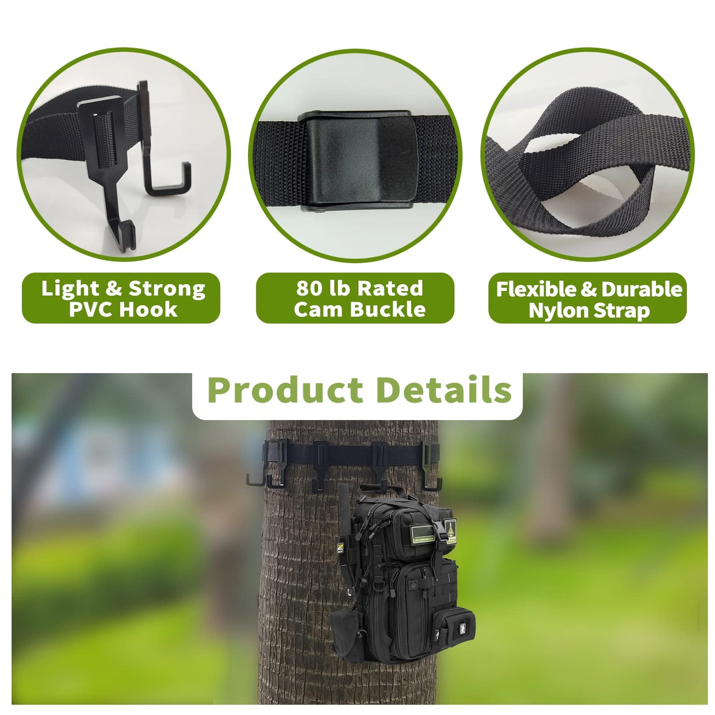 Sailortenx Treestand Strap Gear Hangers with 5 Large Hooks, Lightweight Multi-Hook Accessory Holder, Outdoor Tree Stand Bow & Gear Hanger for Hunting, Camping, Hiking